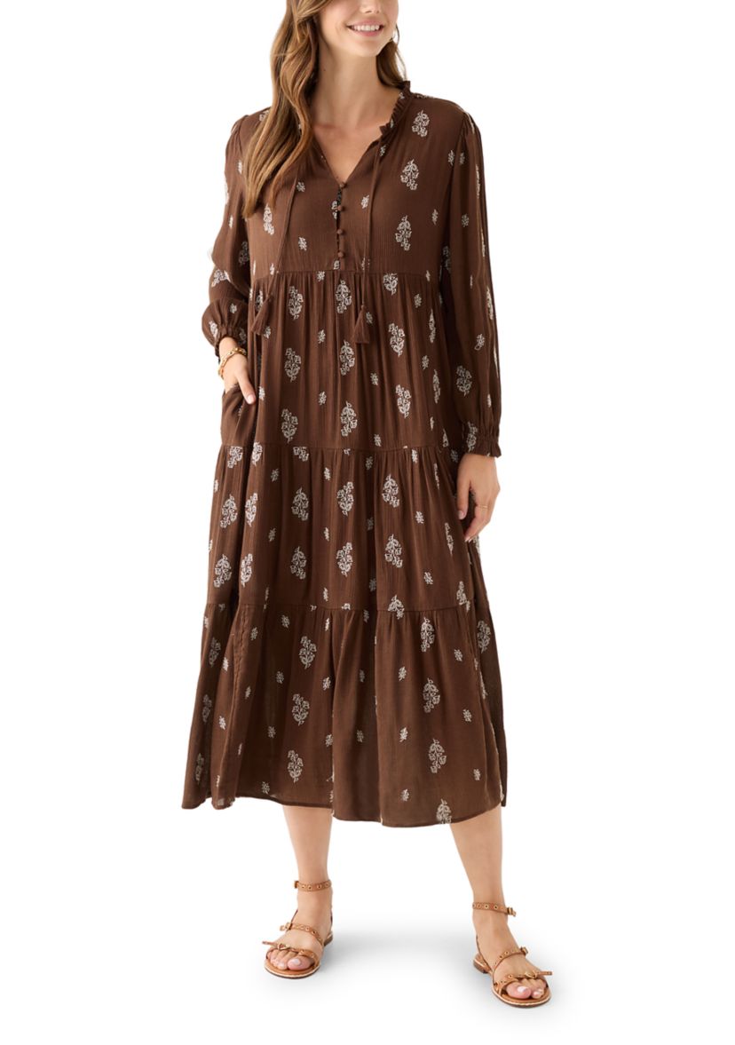 Womens Long Sleeve Floral Embroidered Maxi Dress