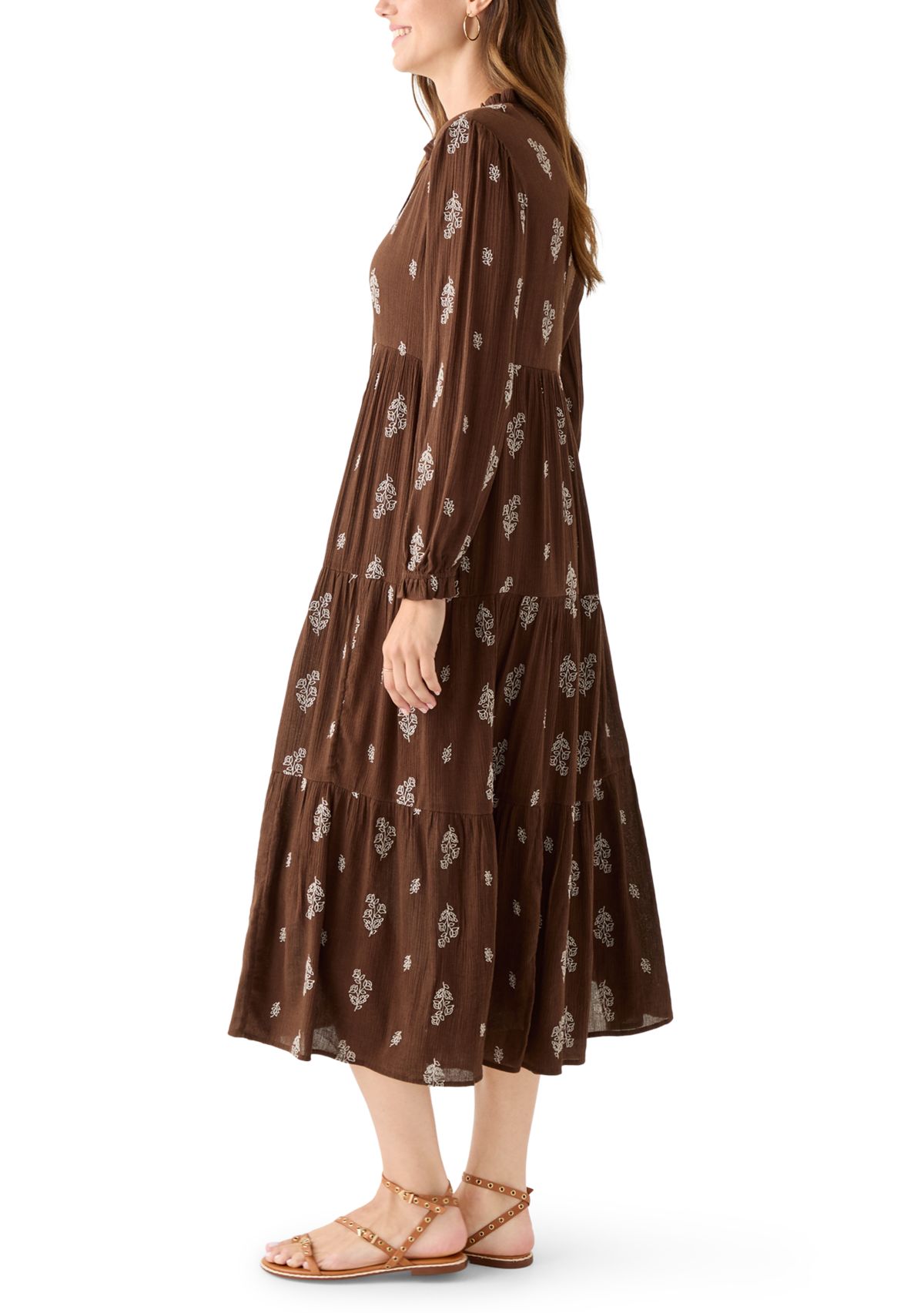 Womens Long Sleeve Floral Embroidered Maxi Dress