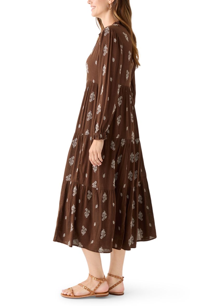 Womens Long Sleeve Floral Embroidered Maxi Dress