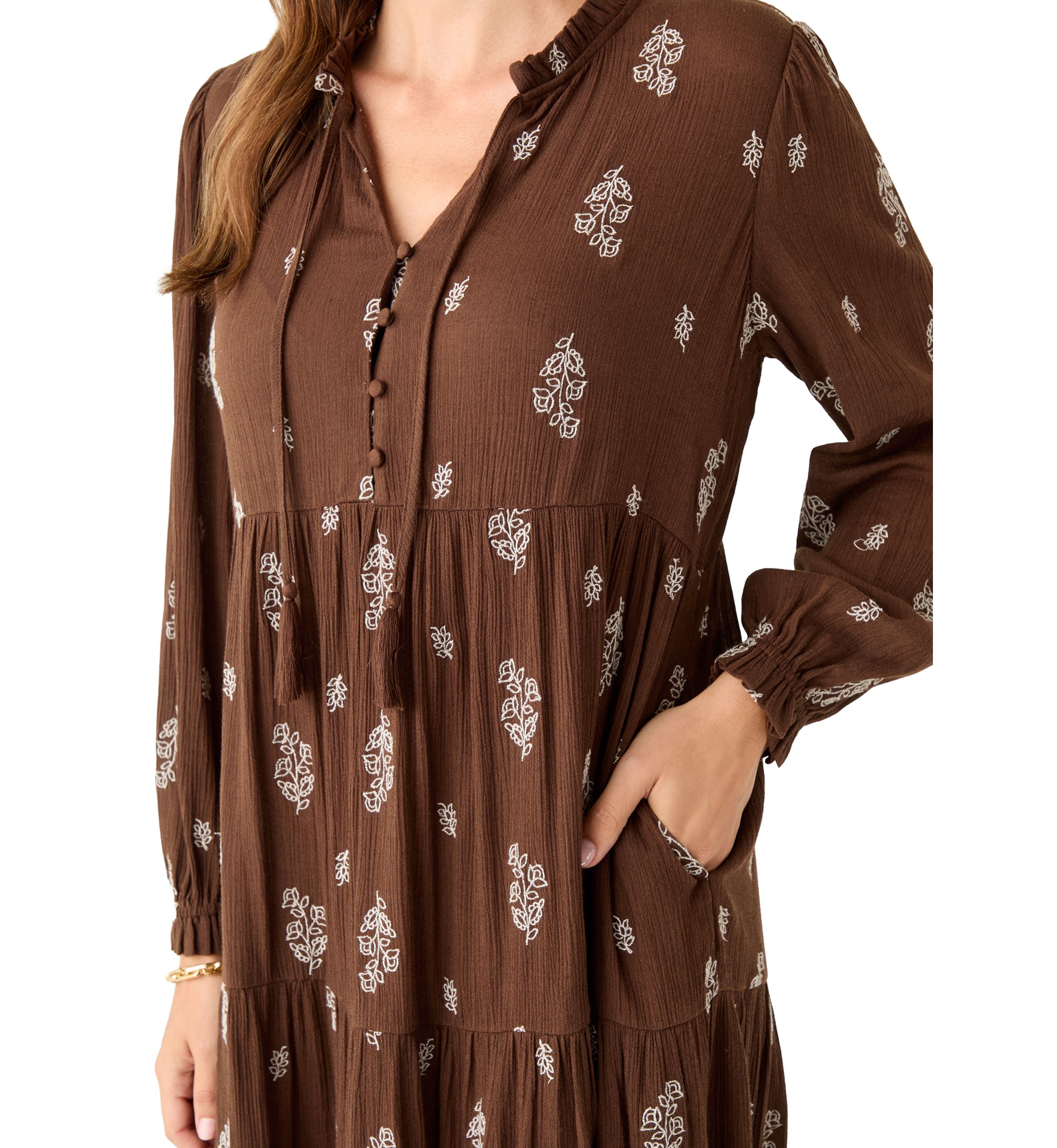 Womens Long Sleeve Floral Embroidered Maxi Dress