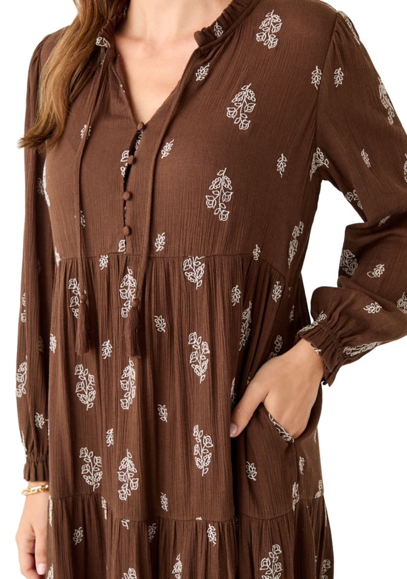 Womens Long Sleeve Floral Embroidered Maxi Dress