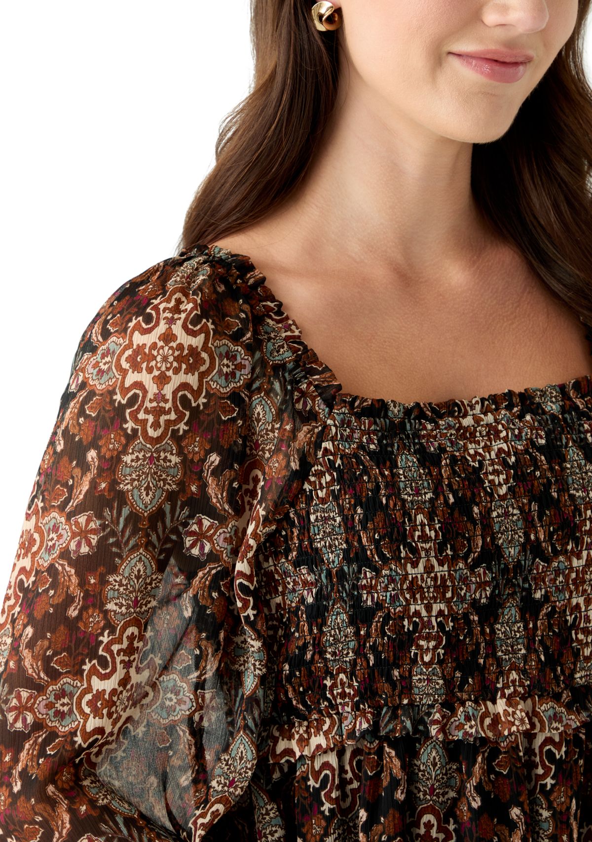 Womens Long Sleeve Smocked Tunic