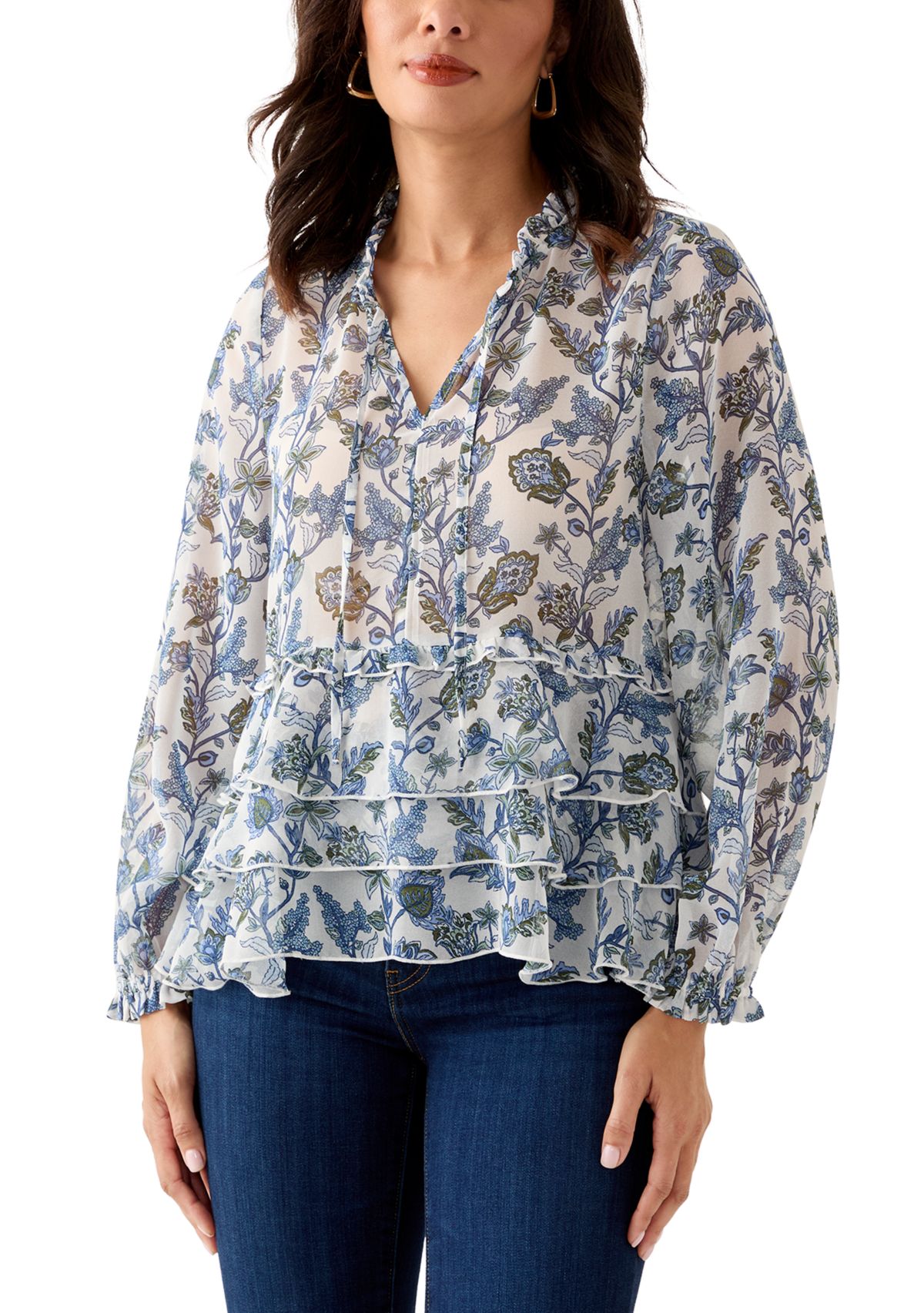Womens Ruffle Sleeve Printed Peasant Top