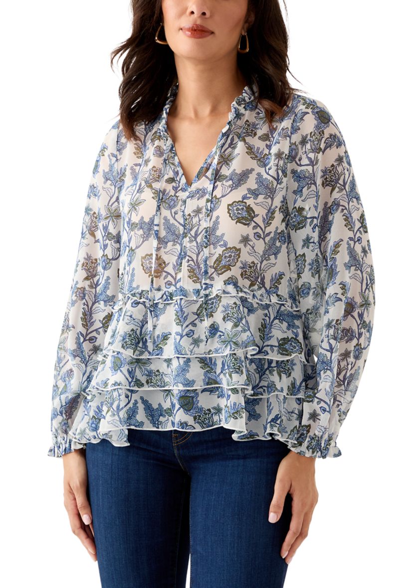 Womens Ruffle Sleeve Printed Peasant Top