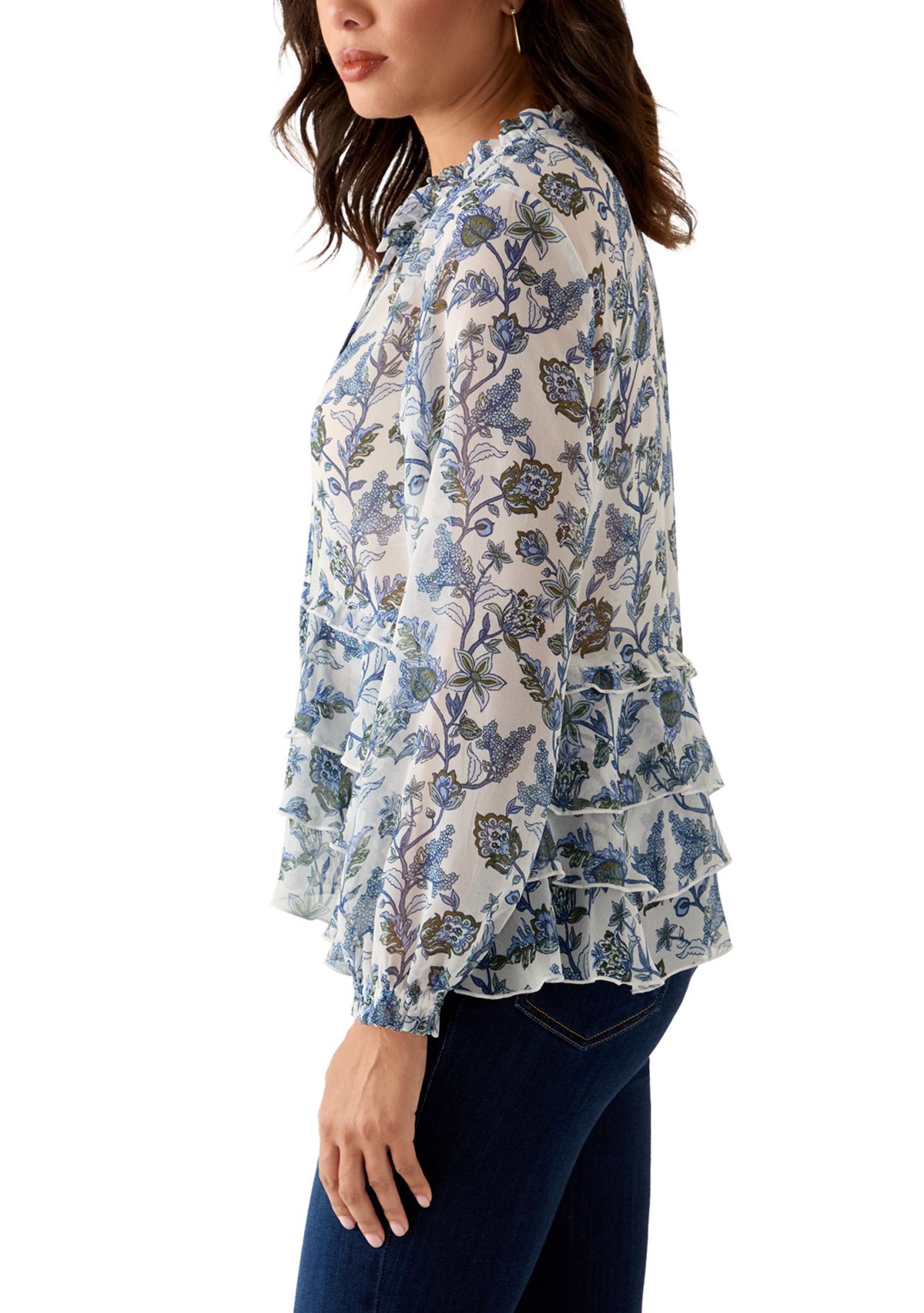 Womens Ruffle Sleeve Printed Peasant Top