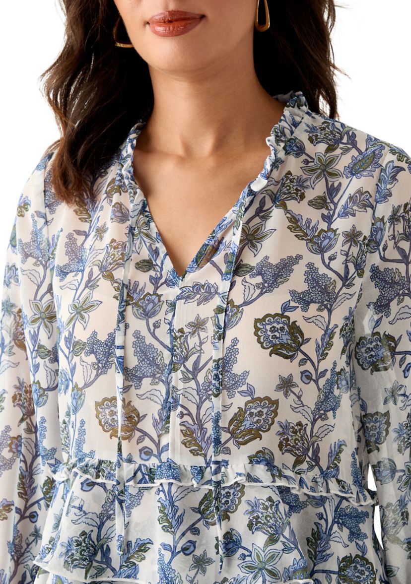 Womens Ruffle Sleeve Printed Peasant Top