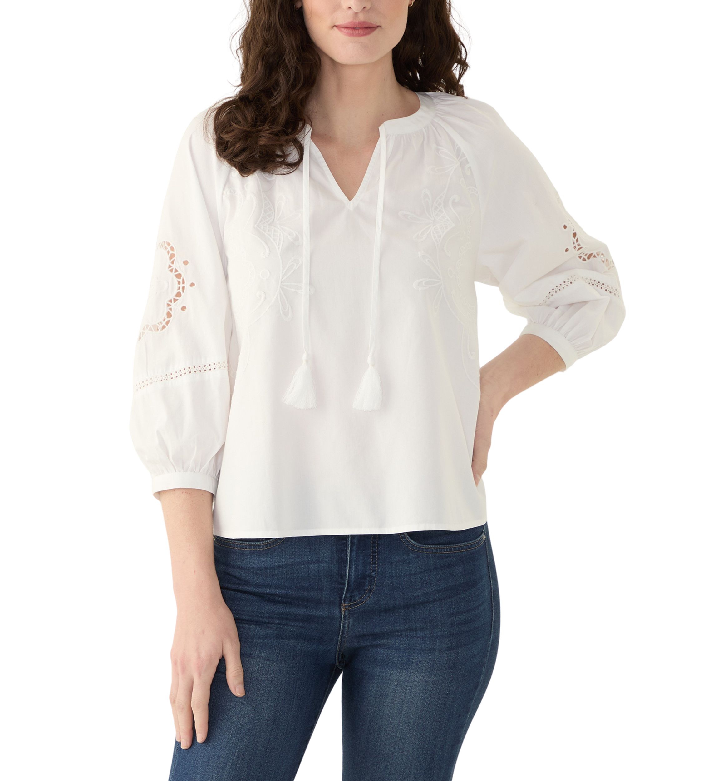 Womens 3/4 Sleeve Eyelet Popover Blouse