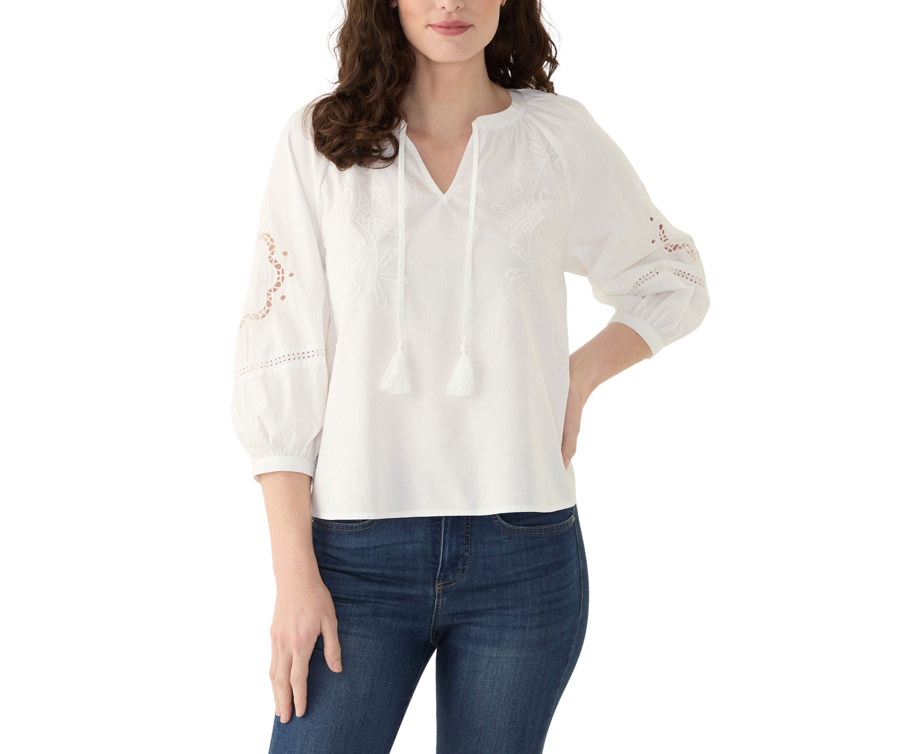 Womens 3/4 Sleeve Eyelet Popover Blouse
