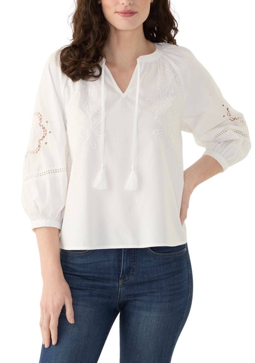 Womens 3/4 Sleeve Eyelet Popover Blouse