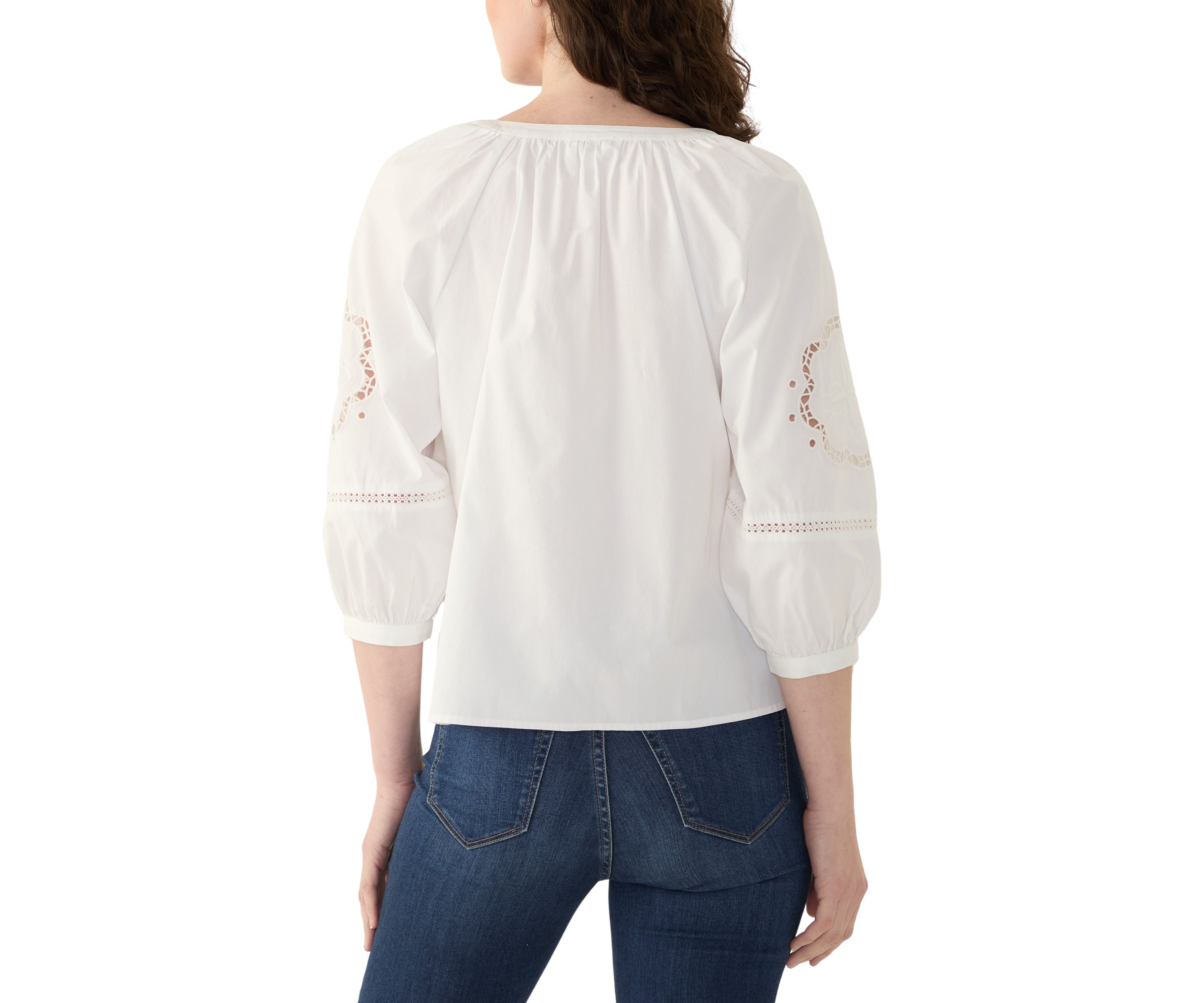 Womens 3/4 Sleeve Eyelet Popover Blouse