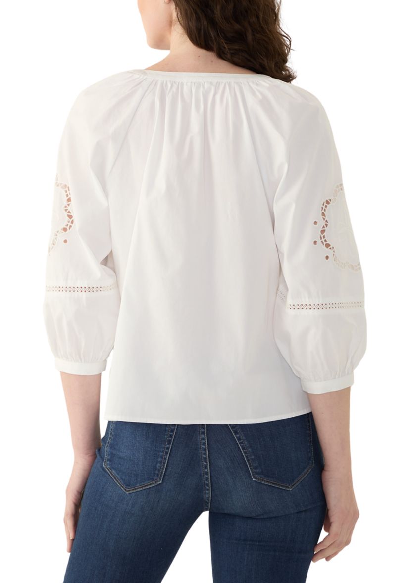 Womens 3/4 Sleeve Eyelet Popover Blouse