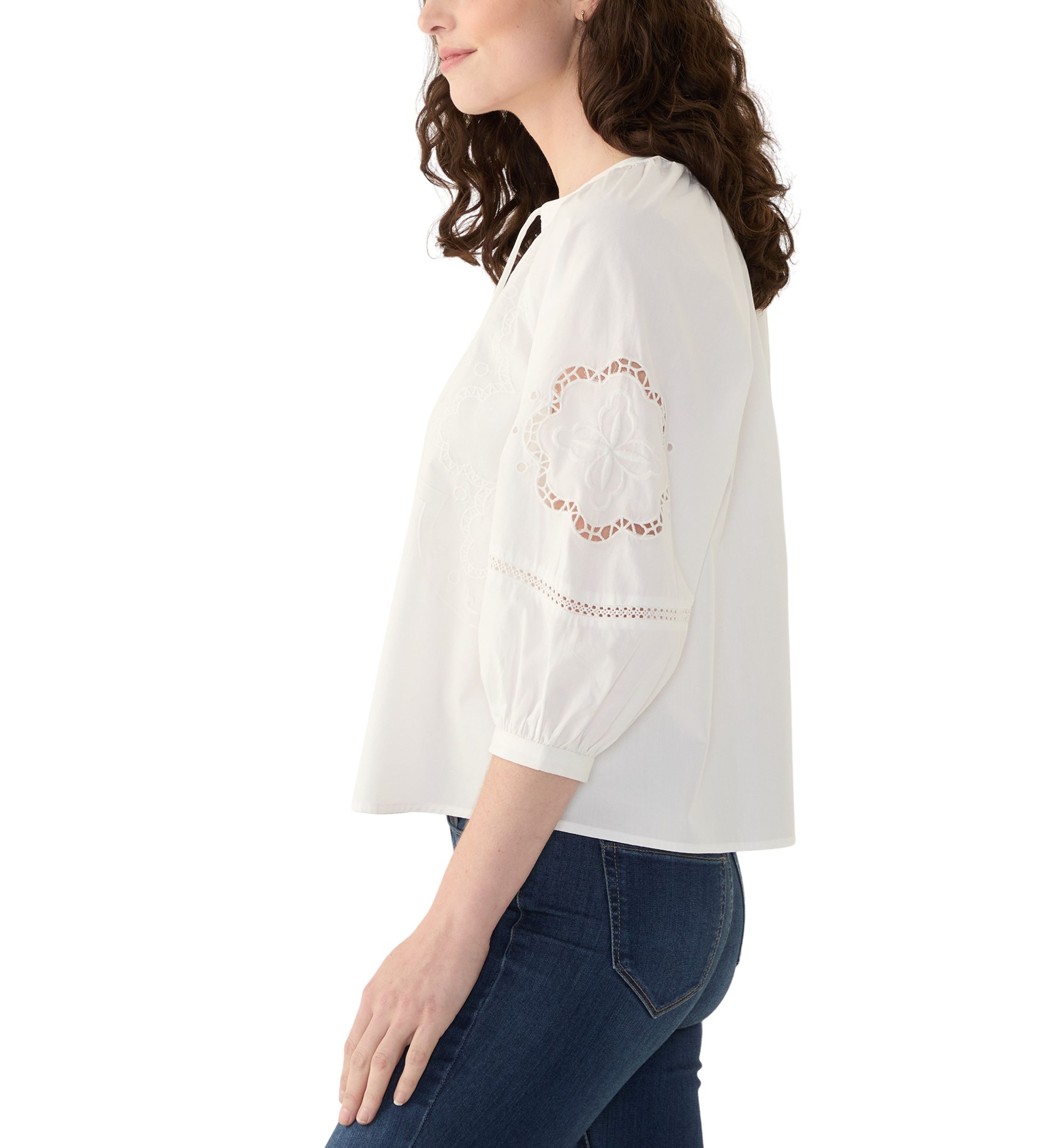 Womens 3/4 Sleeve Eyelet Popover Blouse