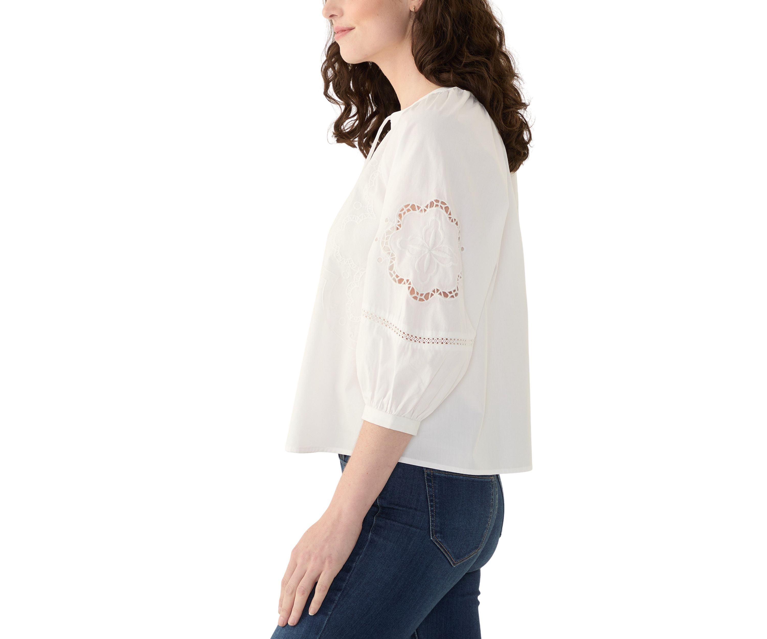 Womens 3/4 Sleeve Eyelet Popover Blouse