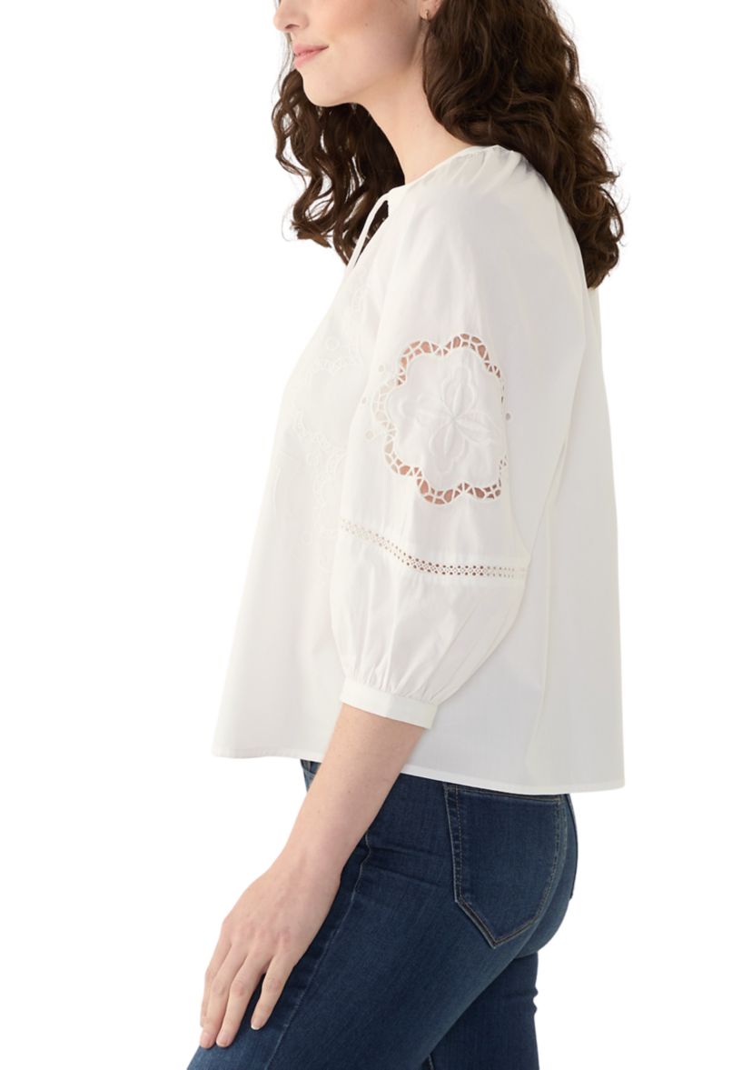 Womens 3/4 Sleeve Eyelet Popover Blouse