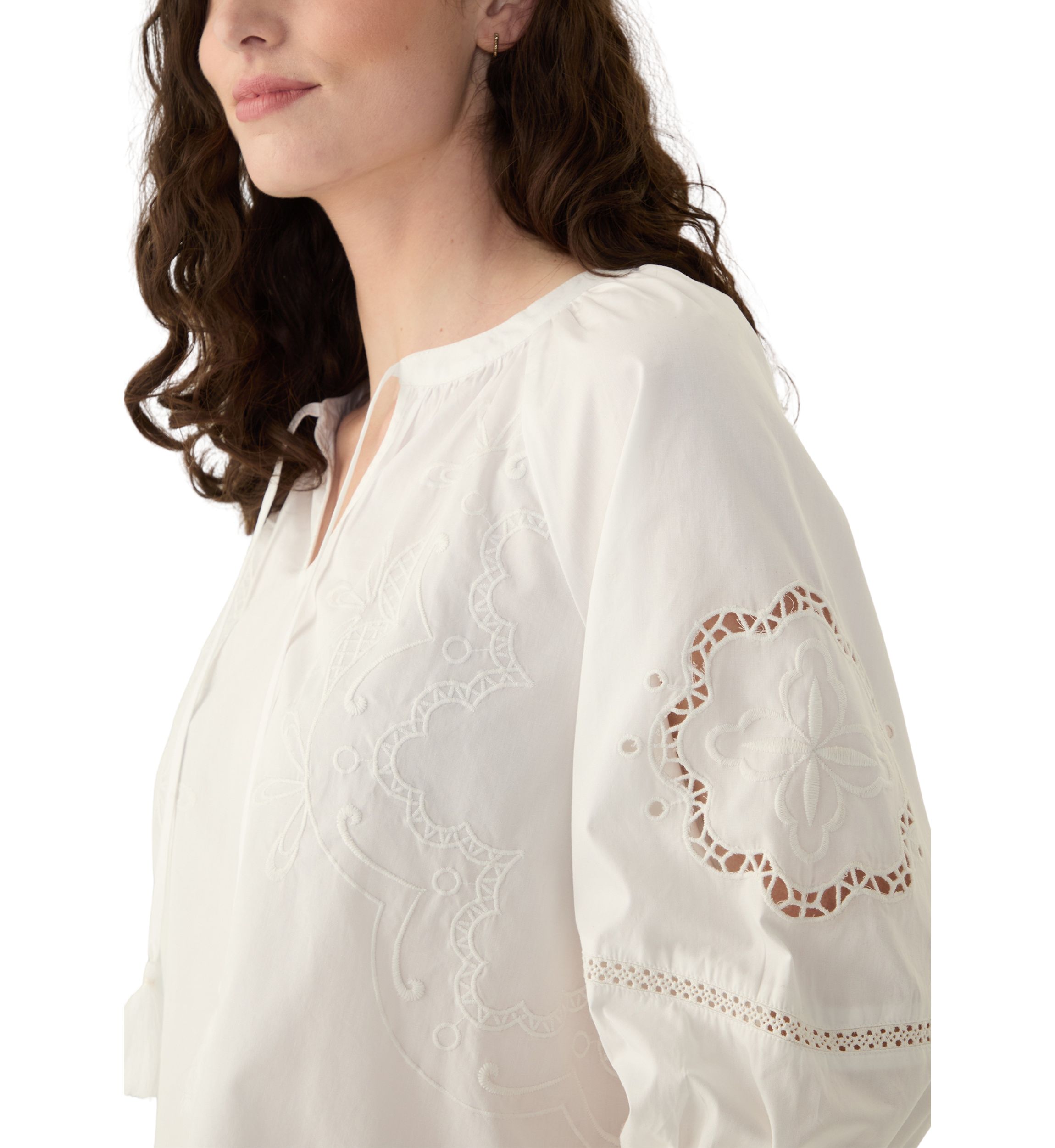 Womens 3/4 Sleeve Eyelet Popover Blouse