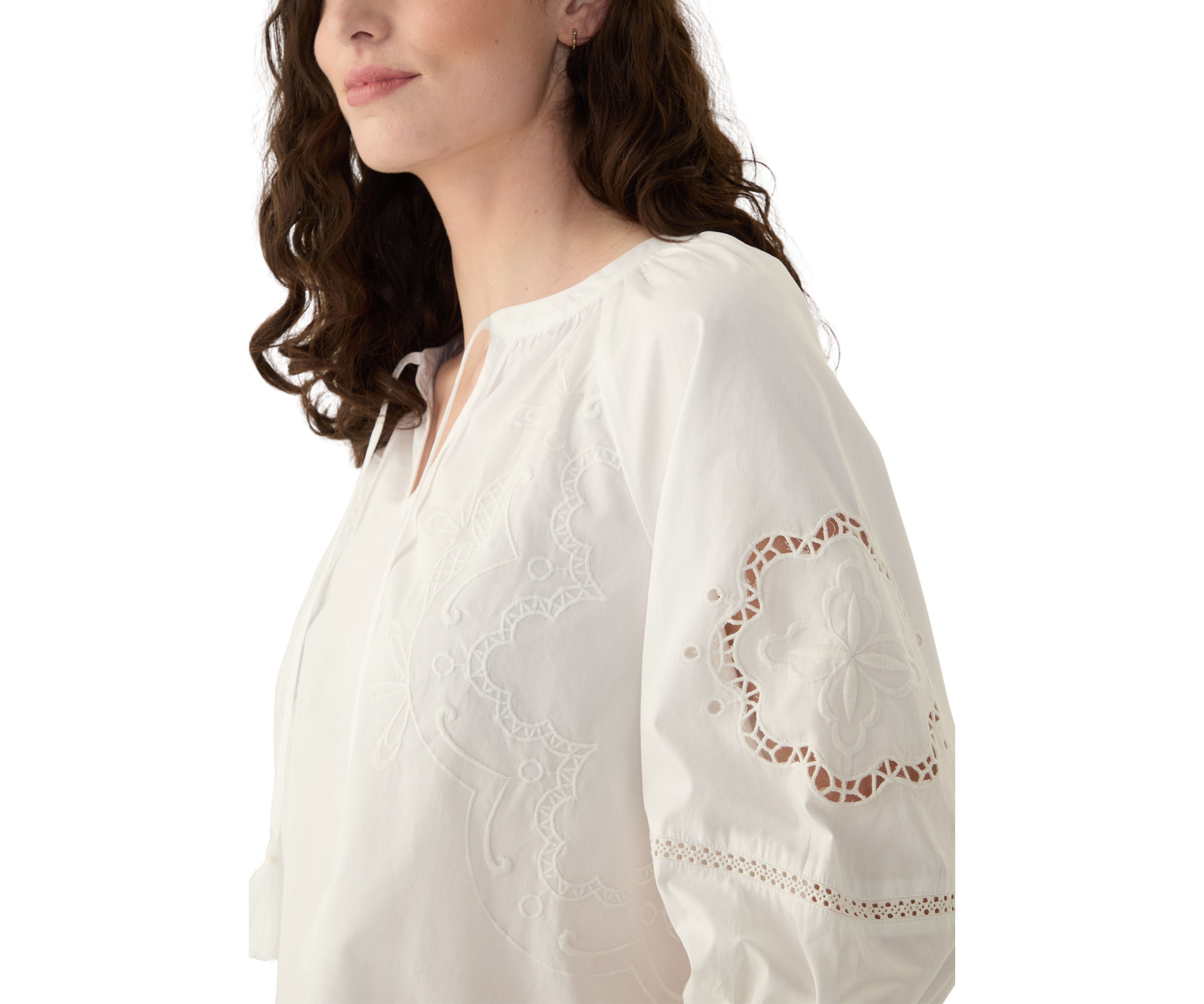 Womens 3/4 Sleeve Eyelet Popover Blouse