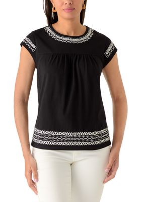 Wonderly Women's Cap Sleeve Embroidered Swing T-Shirt