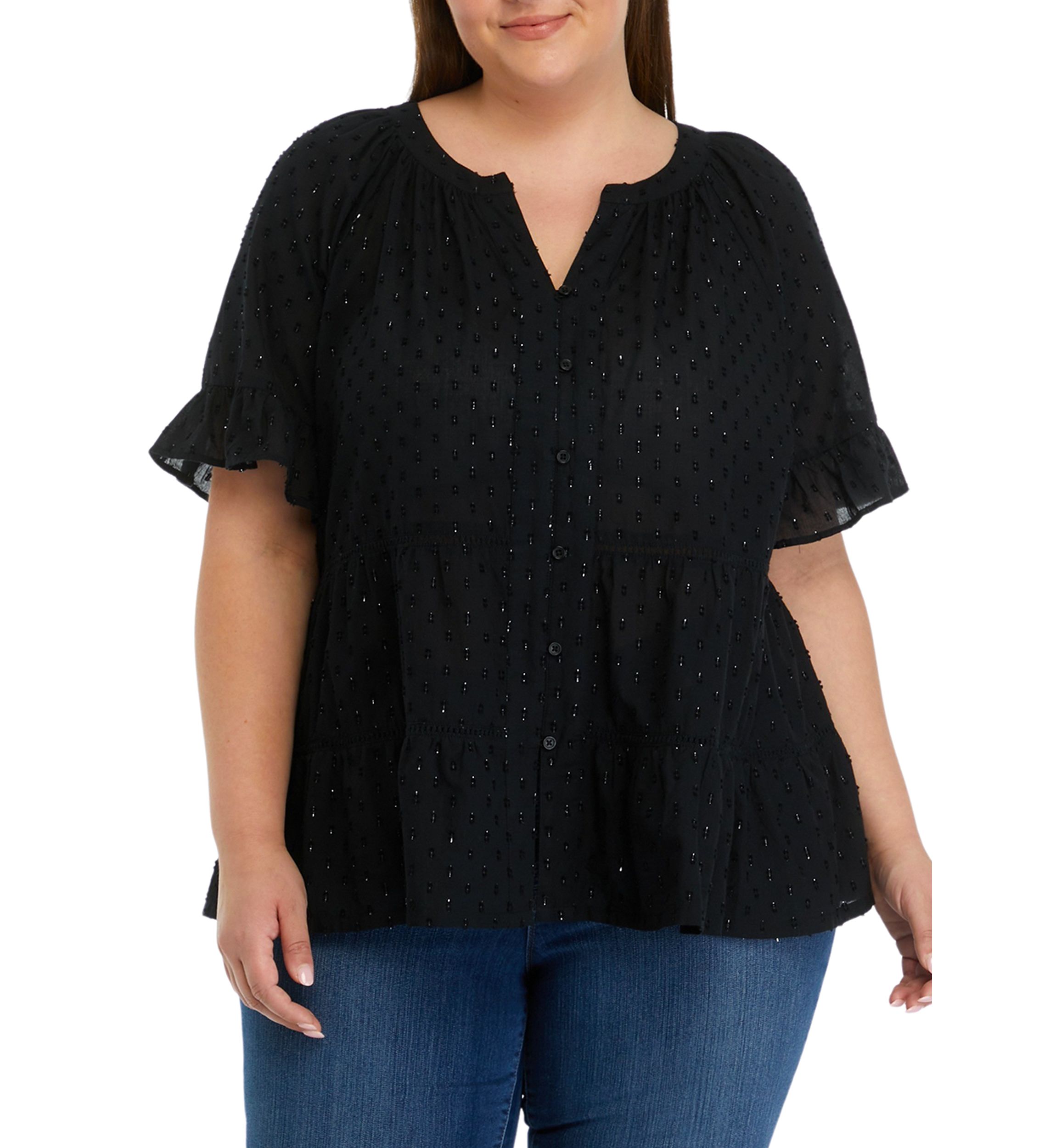 Plus Size Clipdot Button Front Split Neck Top