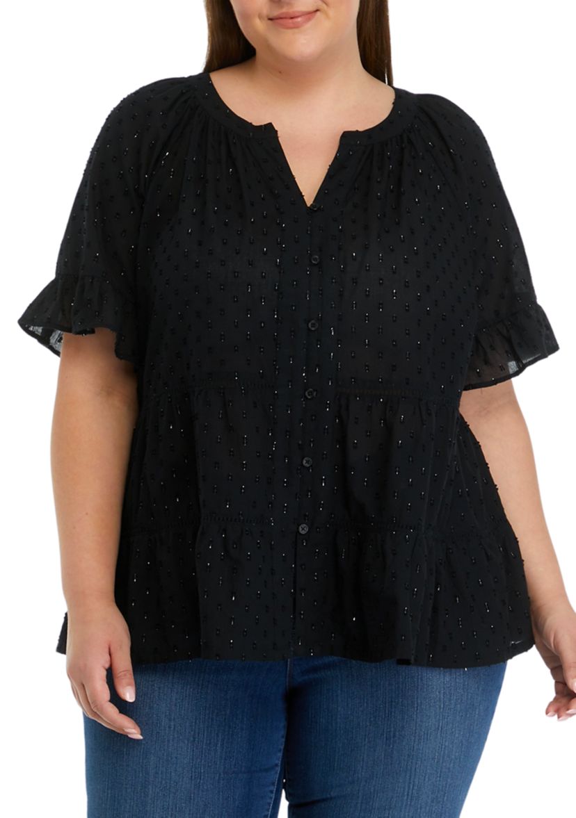 Plus Size Clipdot Button Front Split Neck Top