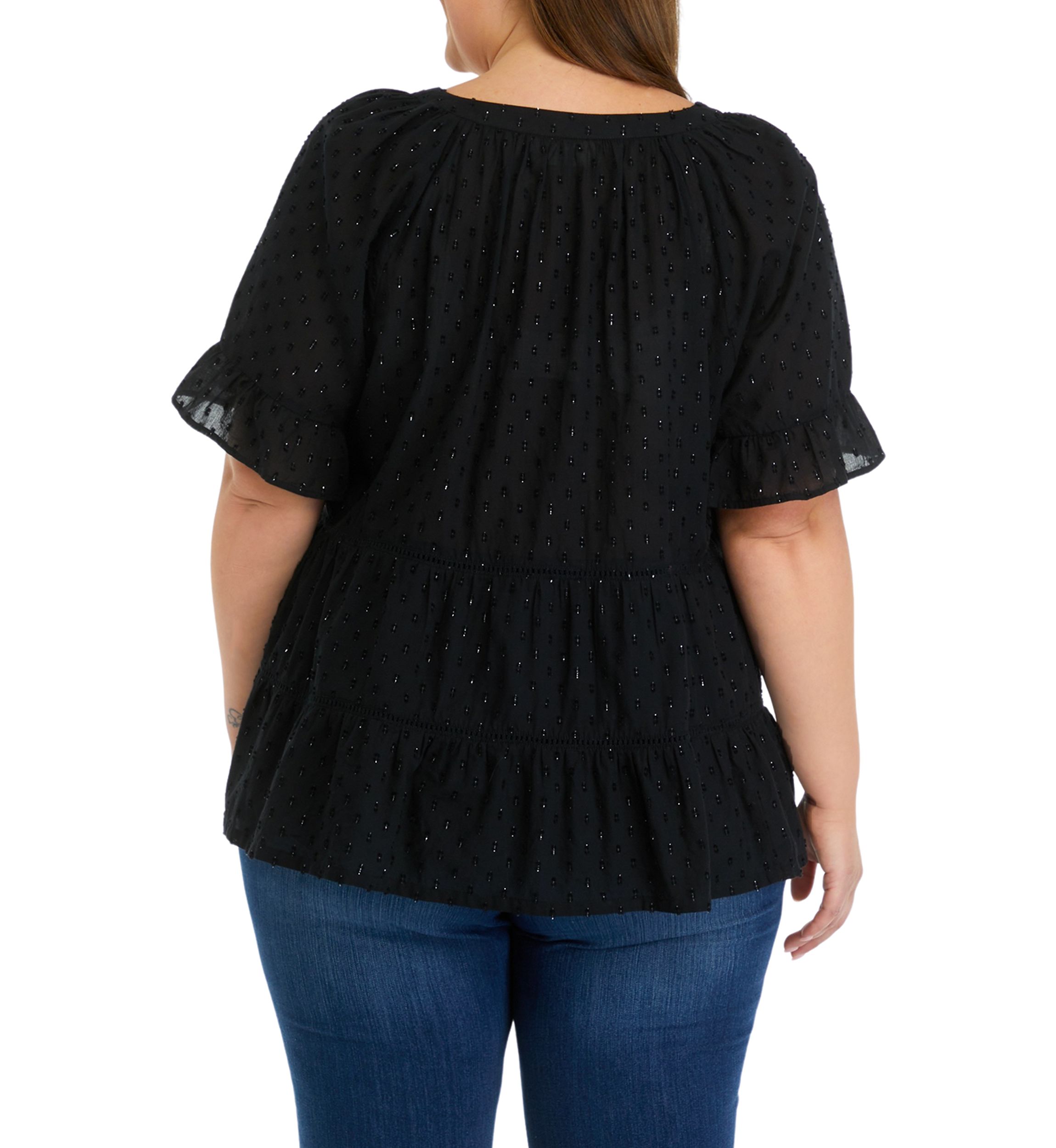 Plus Size Clipdot Button Front Split Neck Top