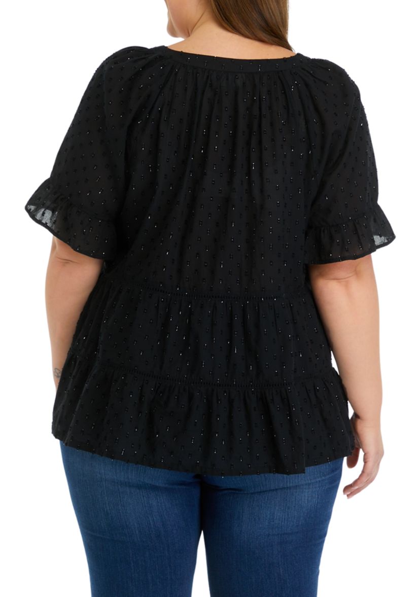 Plus Size Clipdot Button Front Split Neck Top