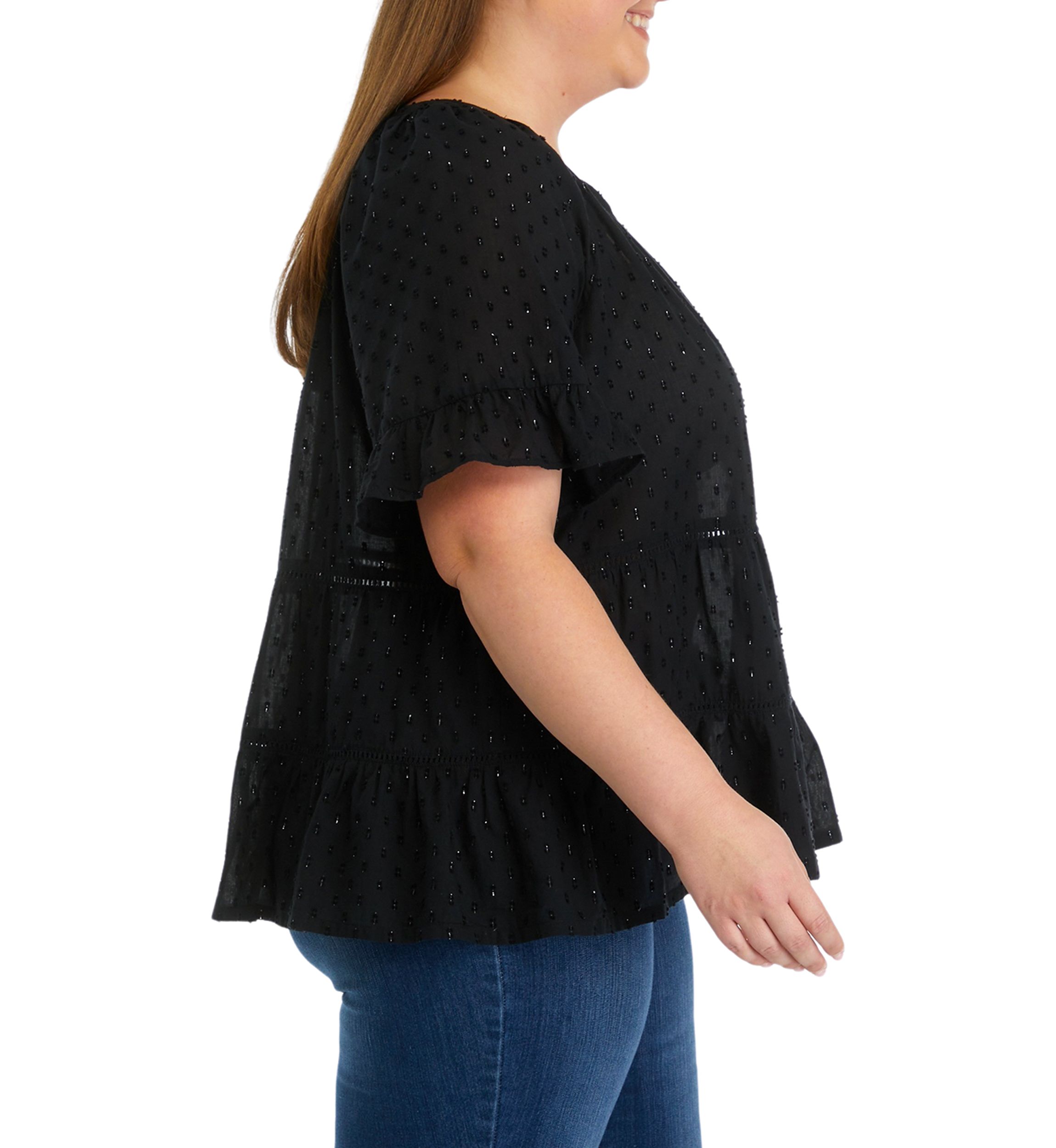 Plus Size Clipdot Button Front Split Neck Top