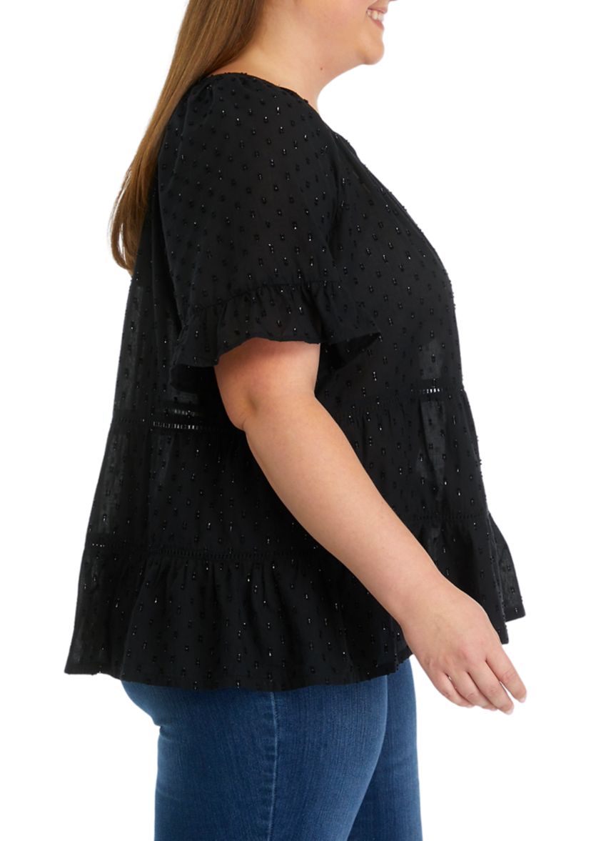 Plus Size Clipdot Button Front Split Neck Top
