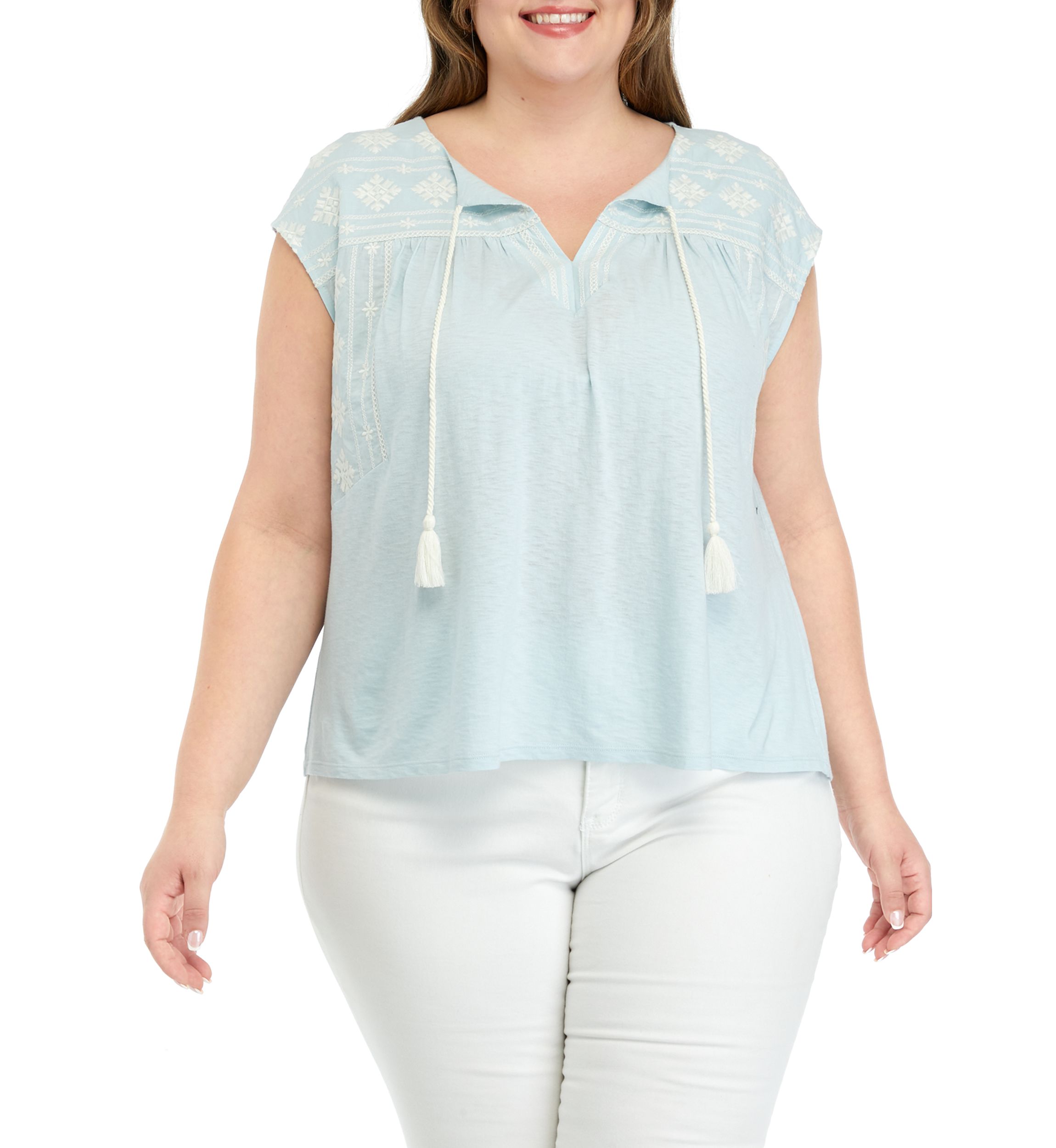 Plus Size Embroidered Split Neck Top