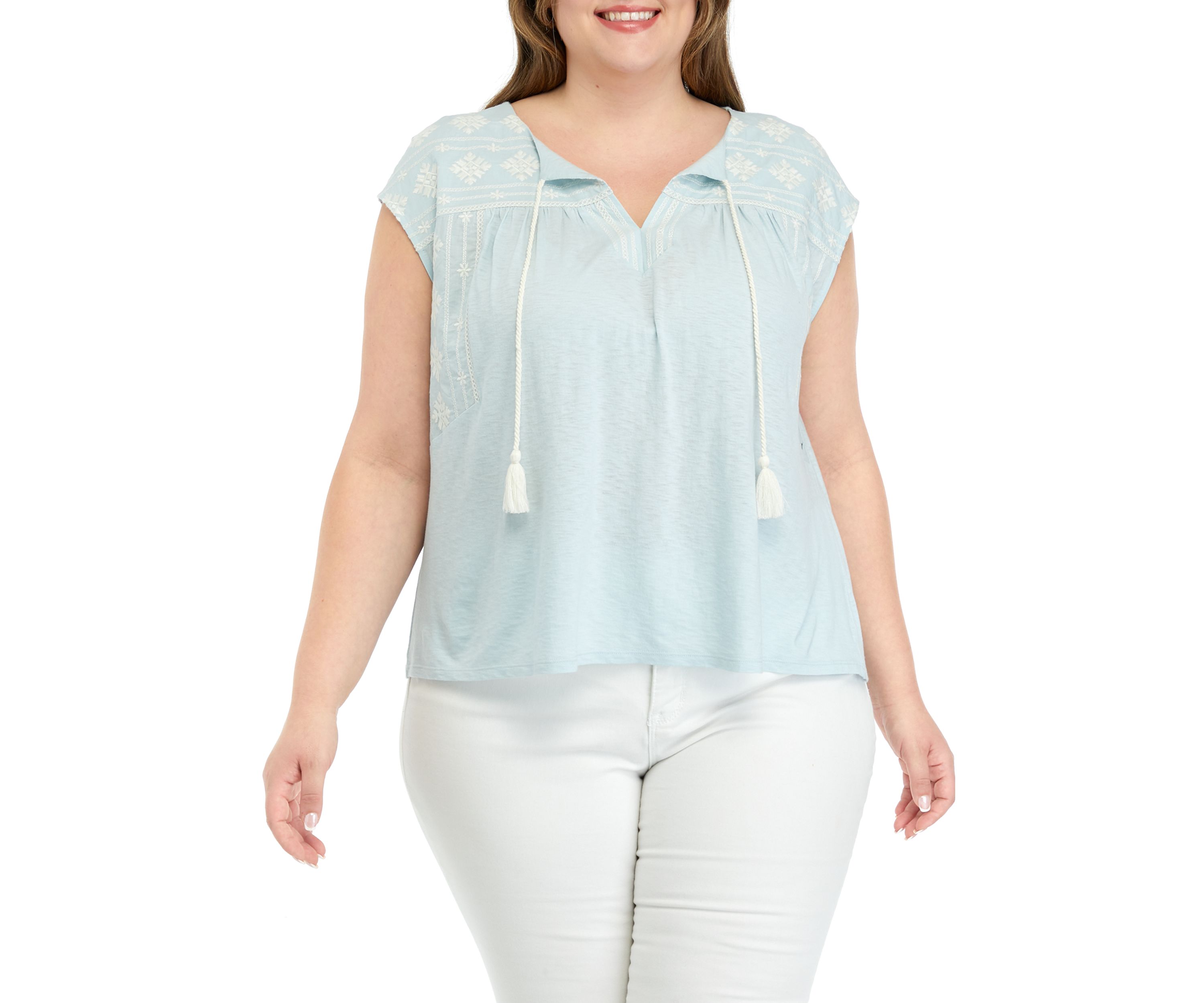 Plus Size Embroidered Split Neck Top