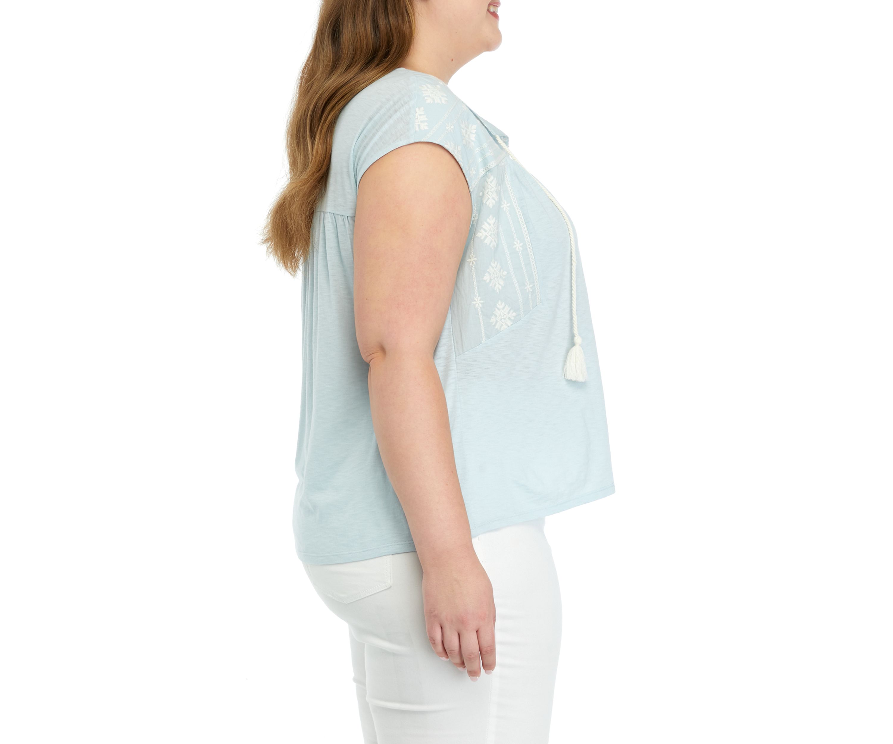 Plus Size Embroidered Split Neck Top