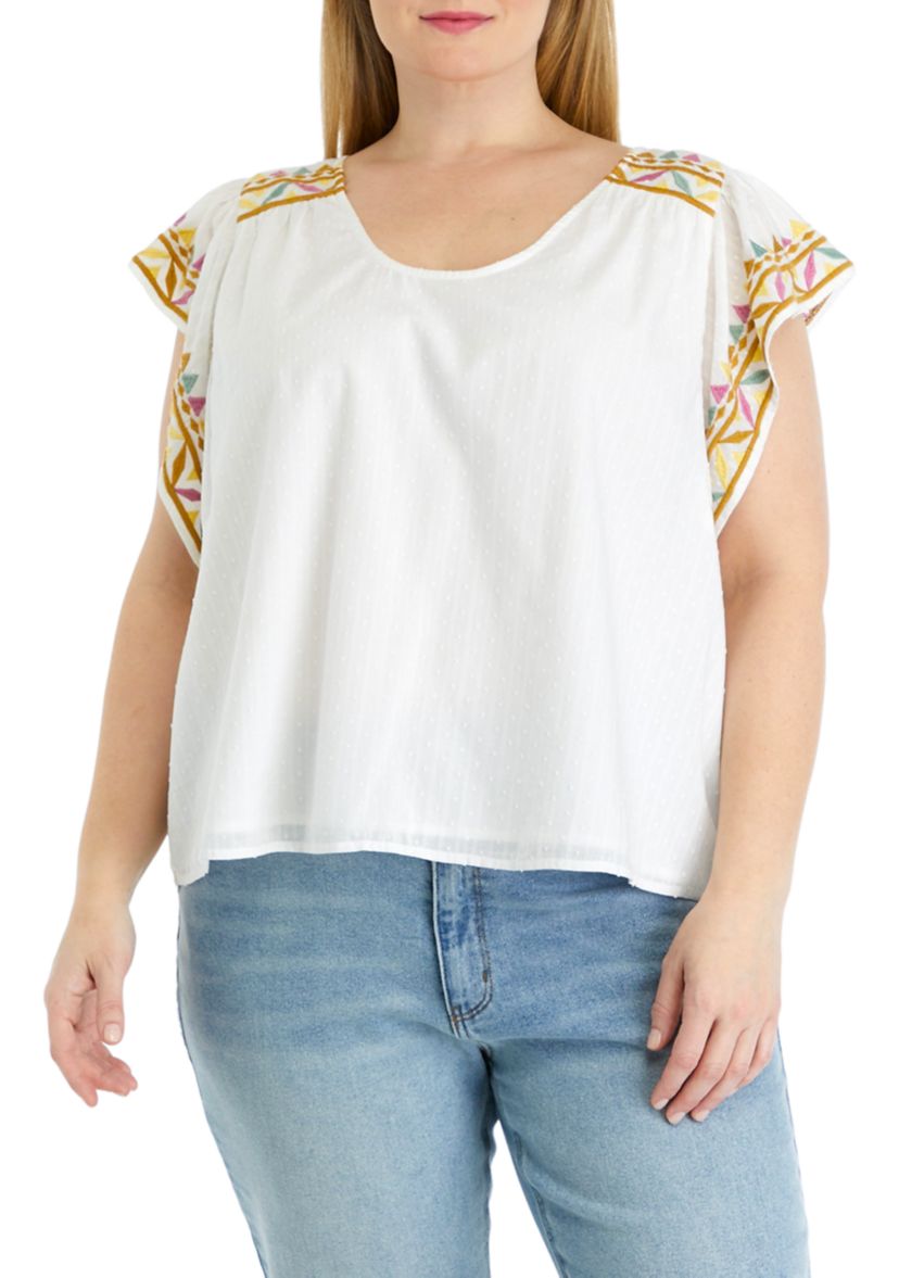 Plus Size Embroidered Flutter Sleeve Top