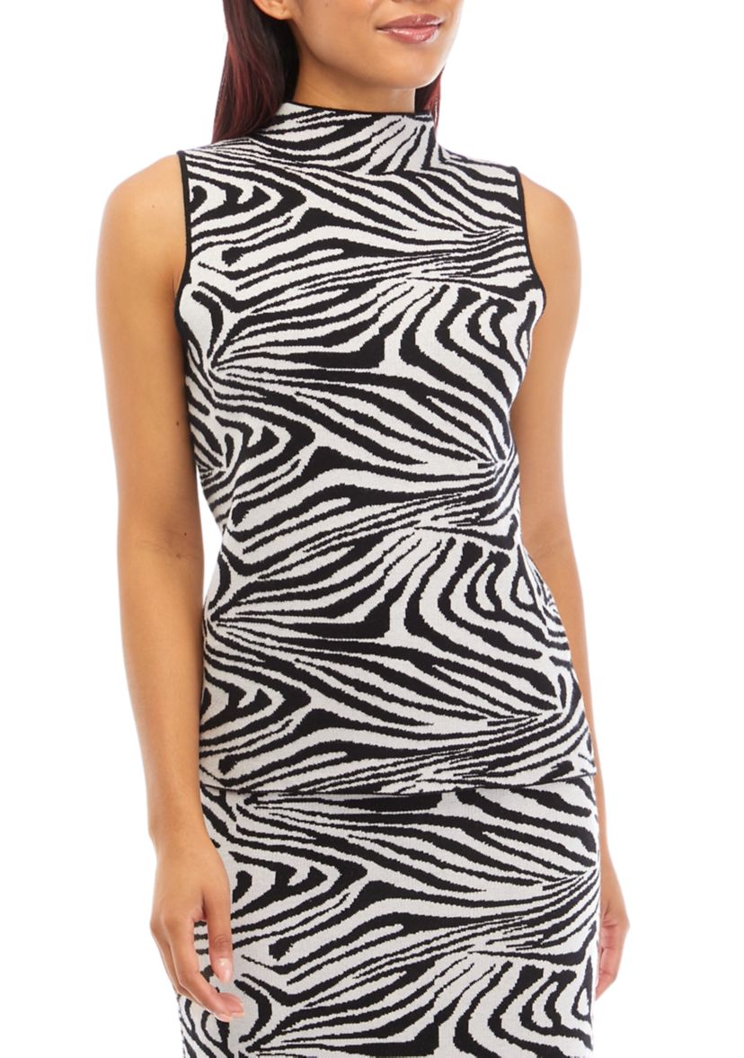 Womens Sleeveless Funnel Neck Animal Print Sweater