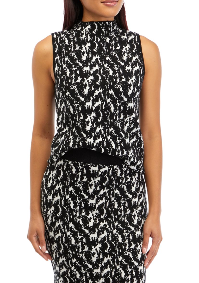 Womens Sleeveless Funnel Neck Static Jacquard Top