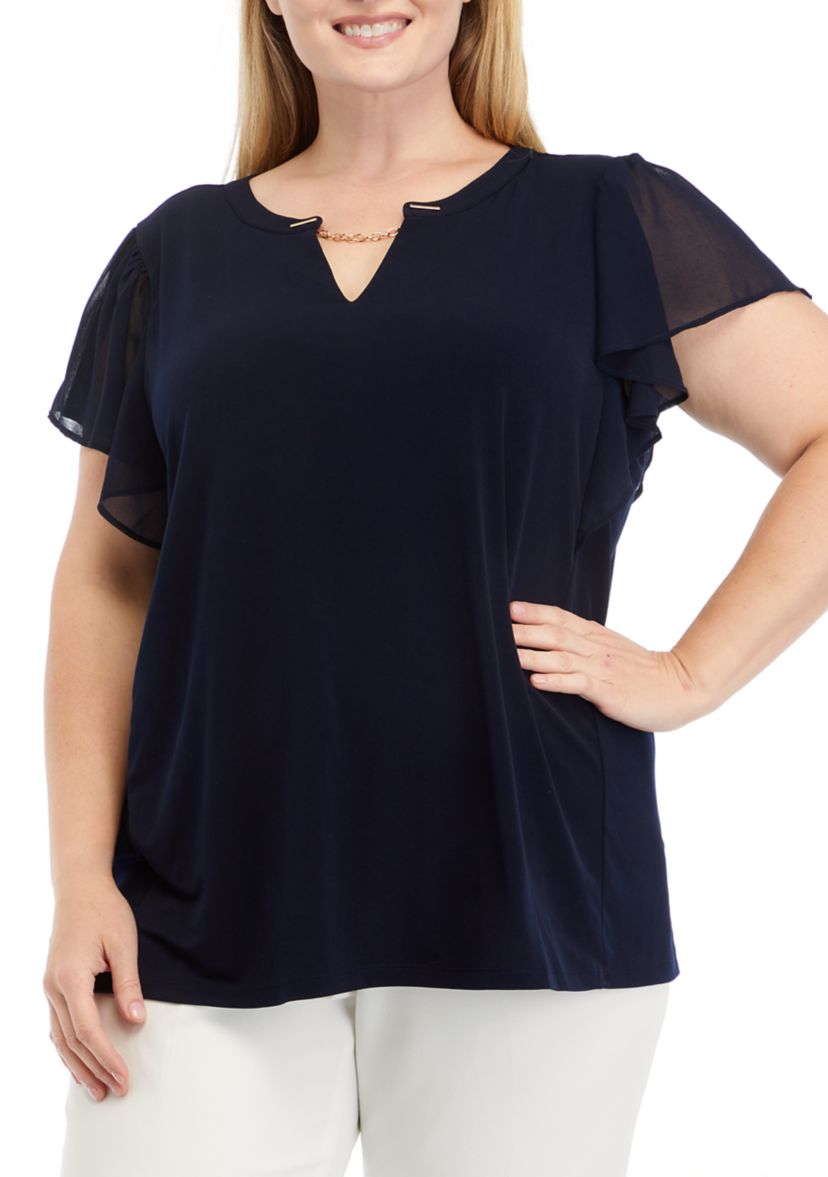 Plus Size Flutter Sleeve Mix Media Top with Metal Chain Detail 