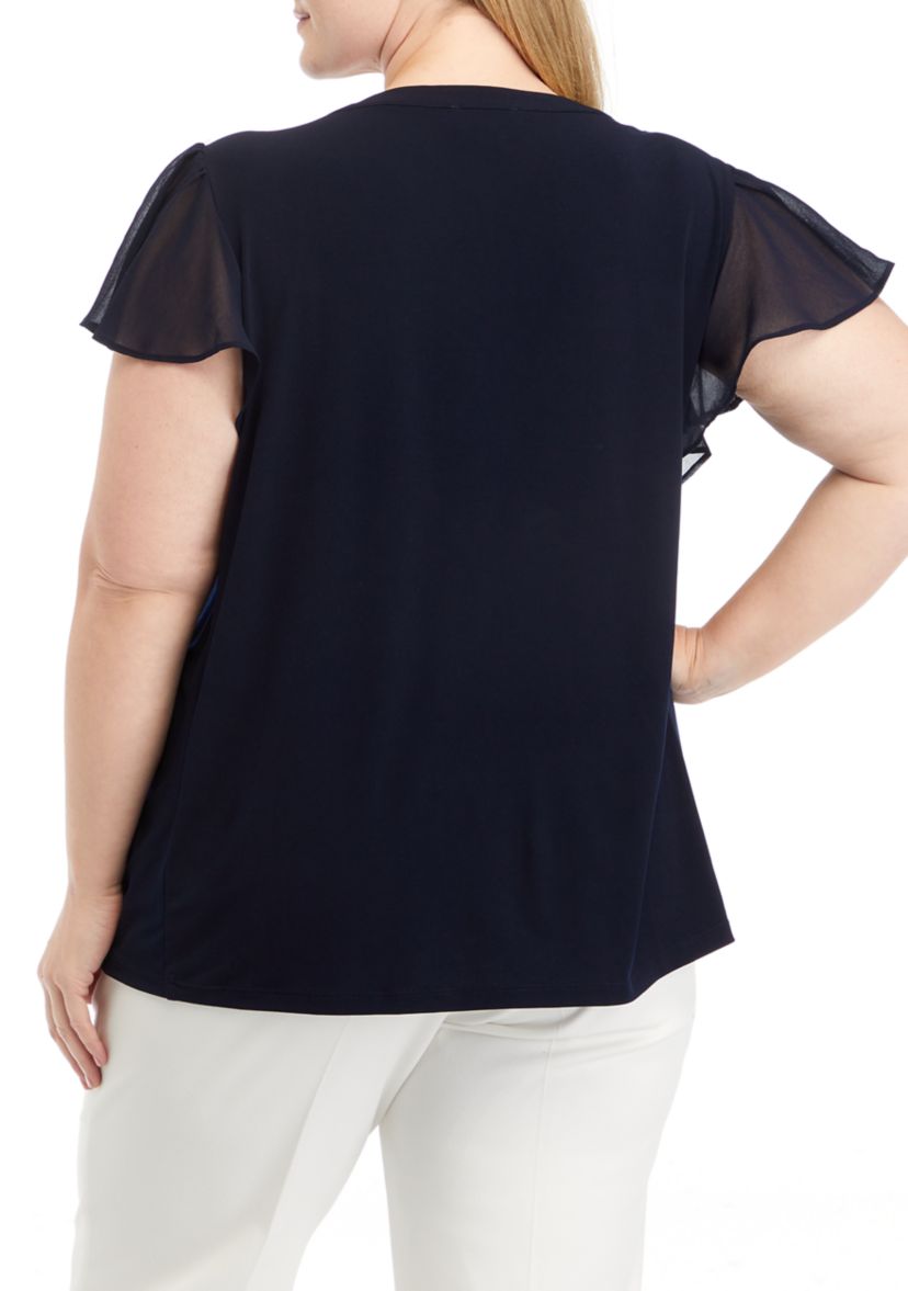 Plus Size Flutter Sleeve Mix Media Top with Metal Chain Detail 