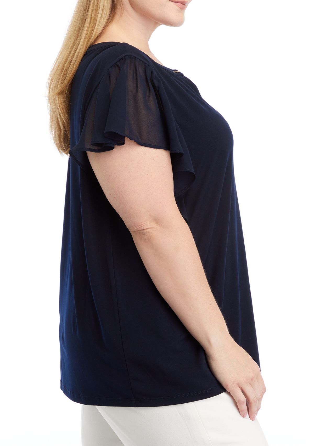 Plus Size Flutter Sleeve Mix Media Top with Metal Chain Detail 