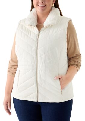 Carmen Marc Valvo Women's Plus Size Faux Fur Trim Vest, Ivory, 3X