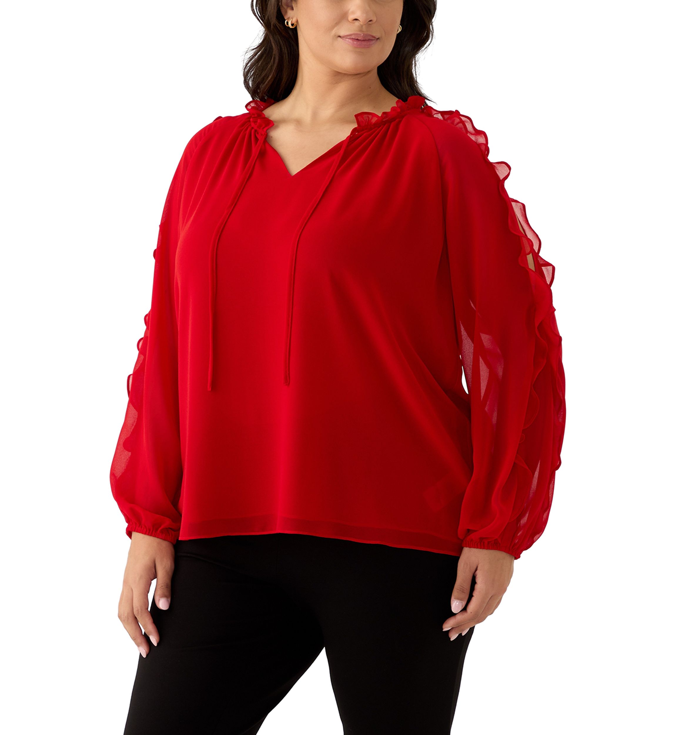 Plus Size Long Sleeve Cold Shoulder Woven Blouse