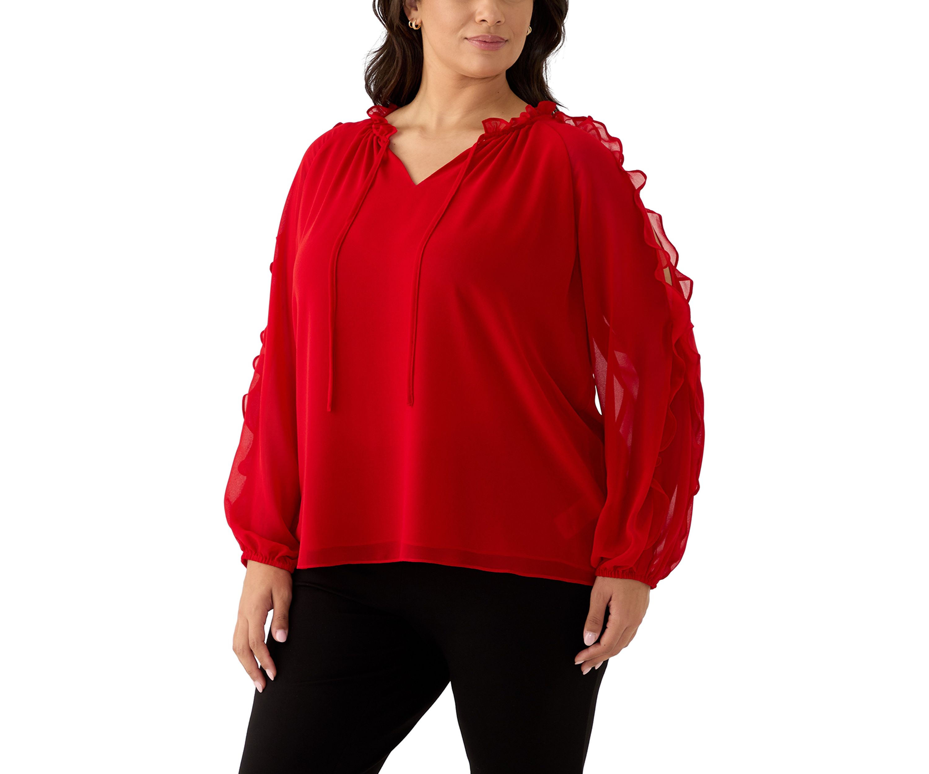 Plus Size Long Sleeve Cold Shoulder Woven Blouse