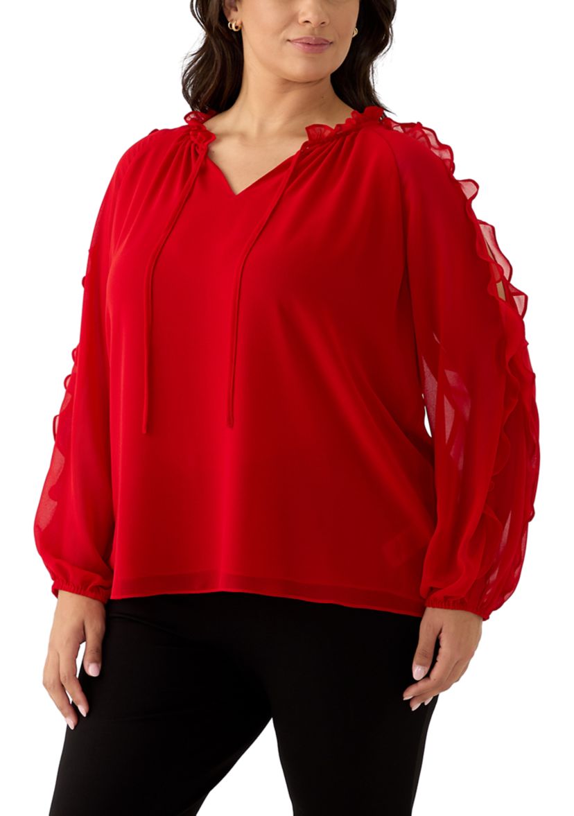Plus Size Long Sleeve Cold Shoulder Woven Blouse