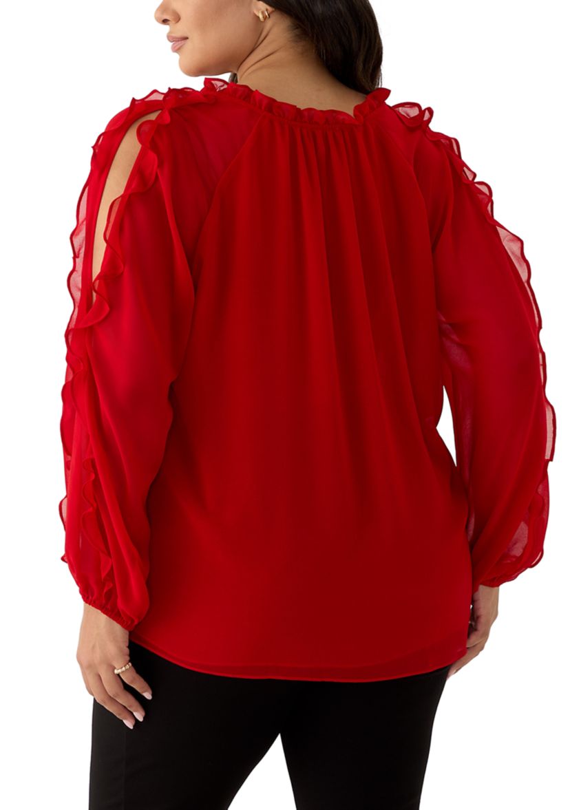 Plus Size Long Sleeve Cold Shoulder Woven Blouse