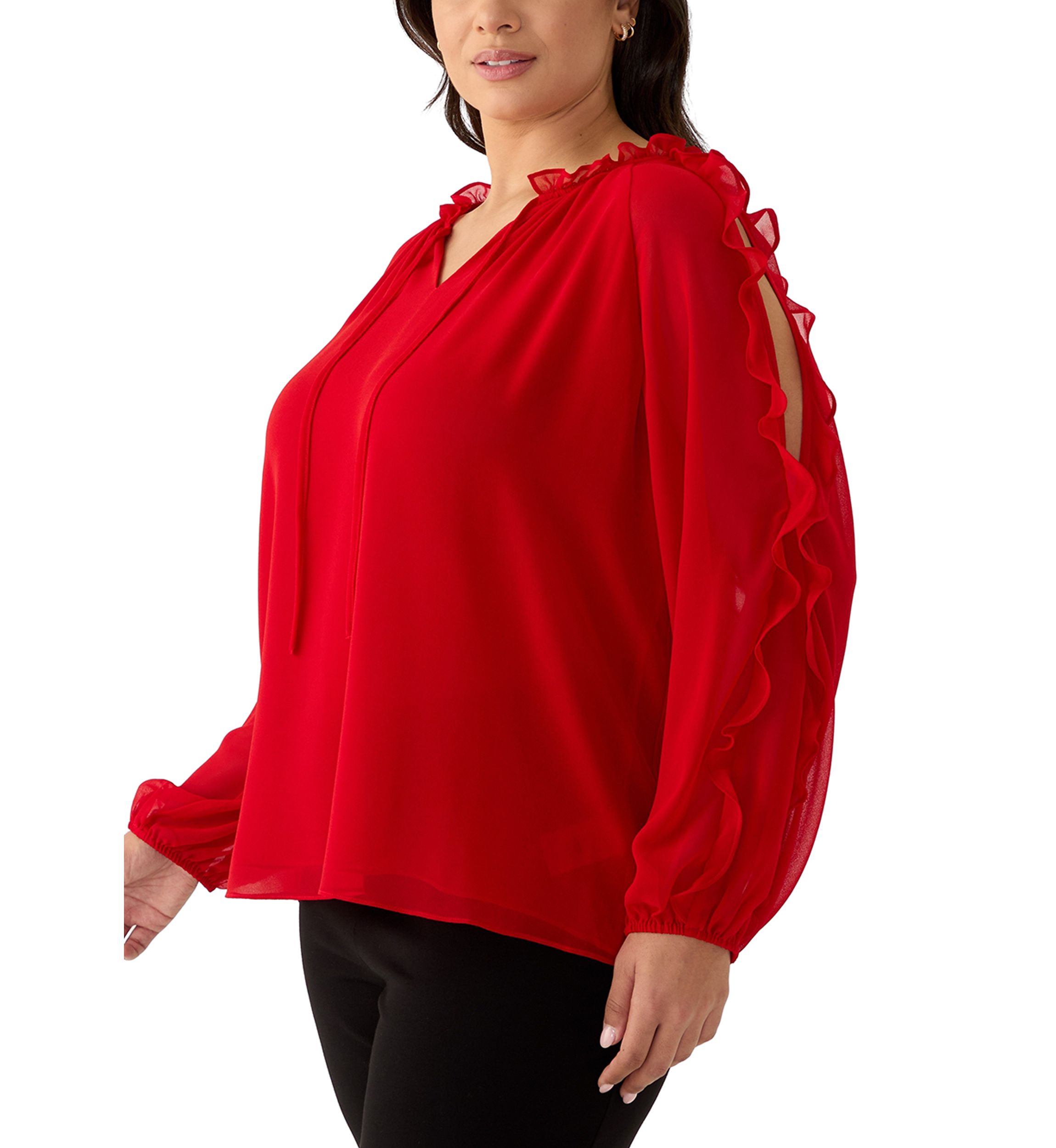 Plus Size Long Sleeve Cold Shoulder Woven Blouse