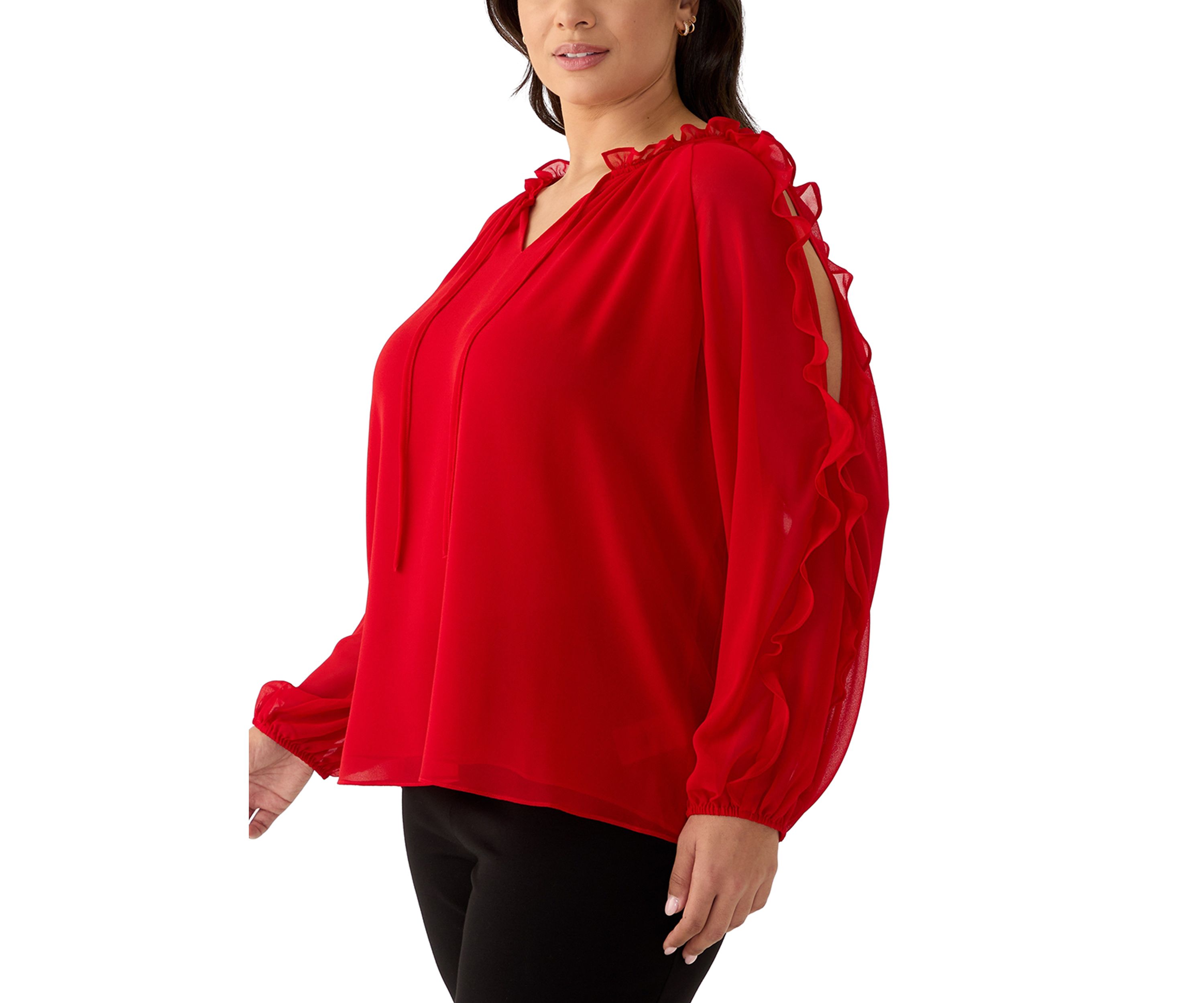 Plus Size Long Sleeve Cold Shoulder Woven Blouse