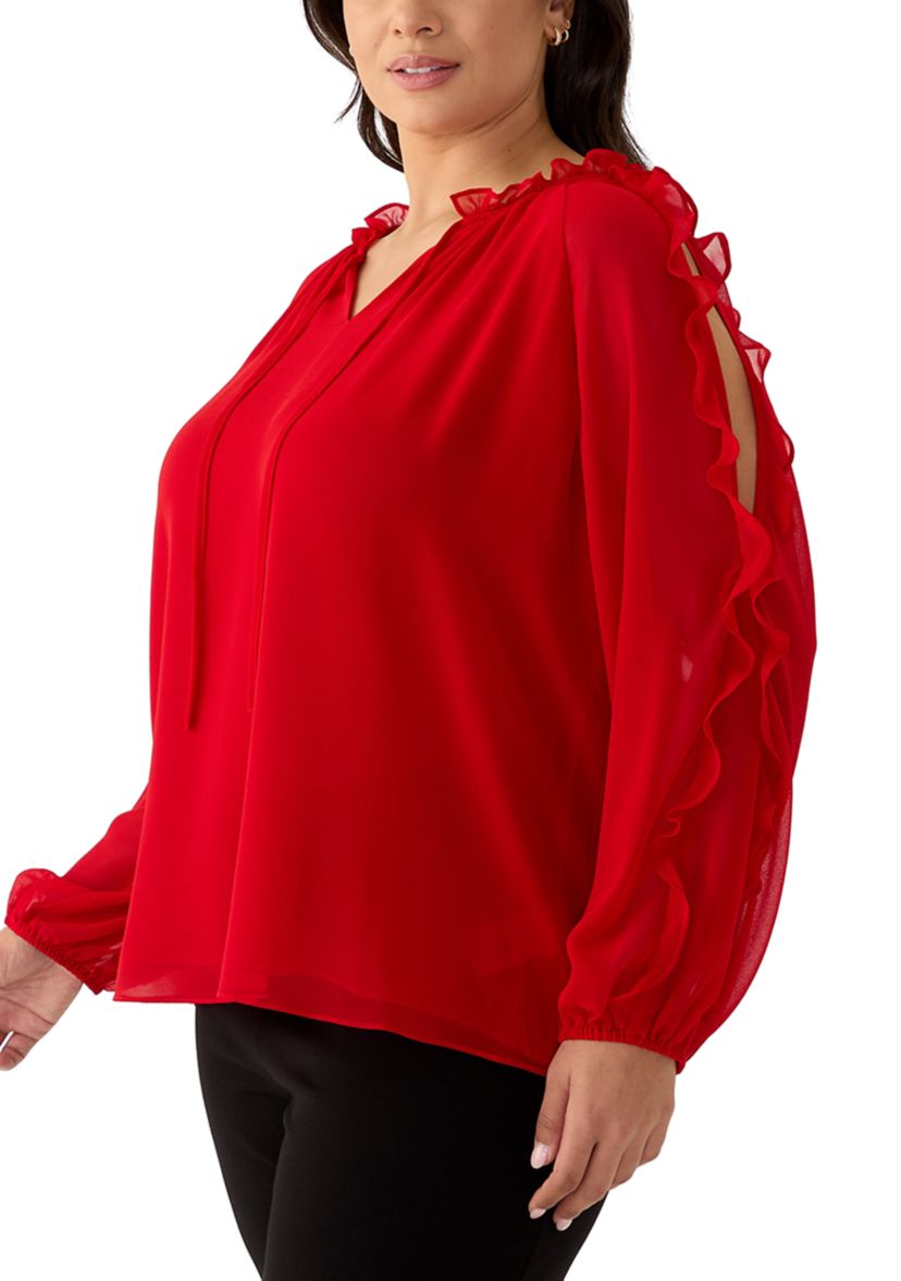 Plus Size Long Sleeve Cold Shoulder Woven Blouse