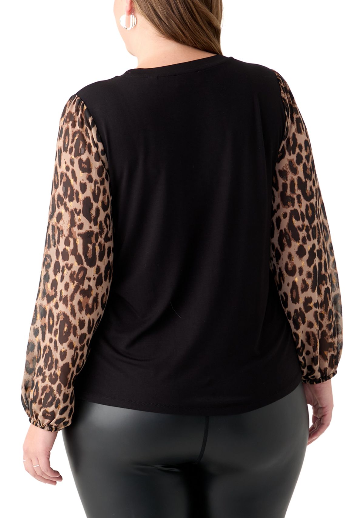 Plus Size Knit Top with Printed Woven Sleeves