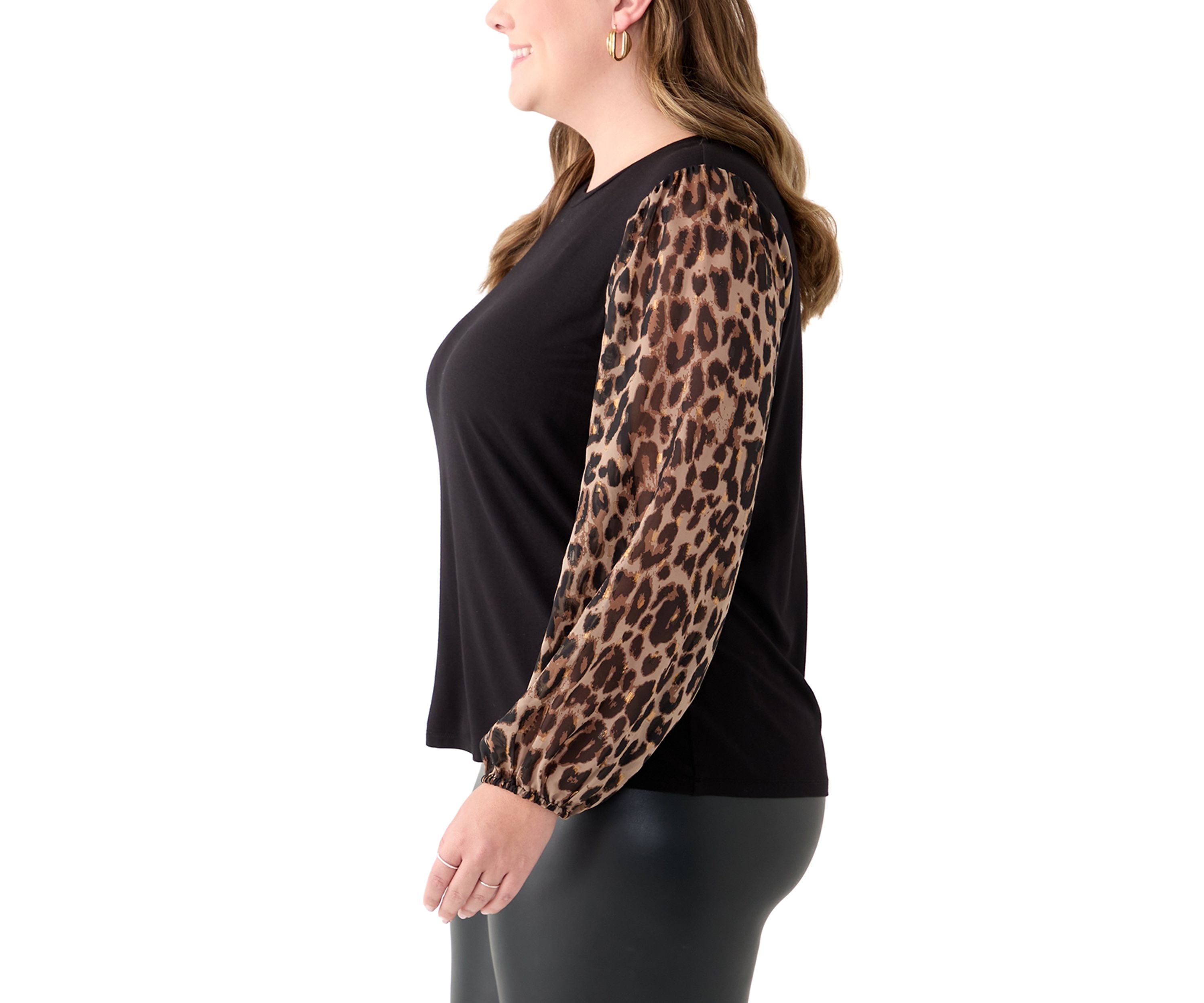 Plus Size Knit Top with Printed Woven Sleeves