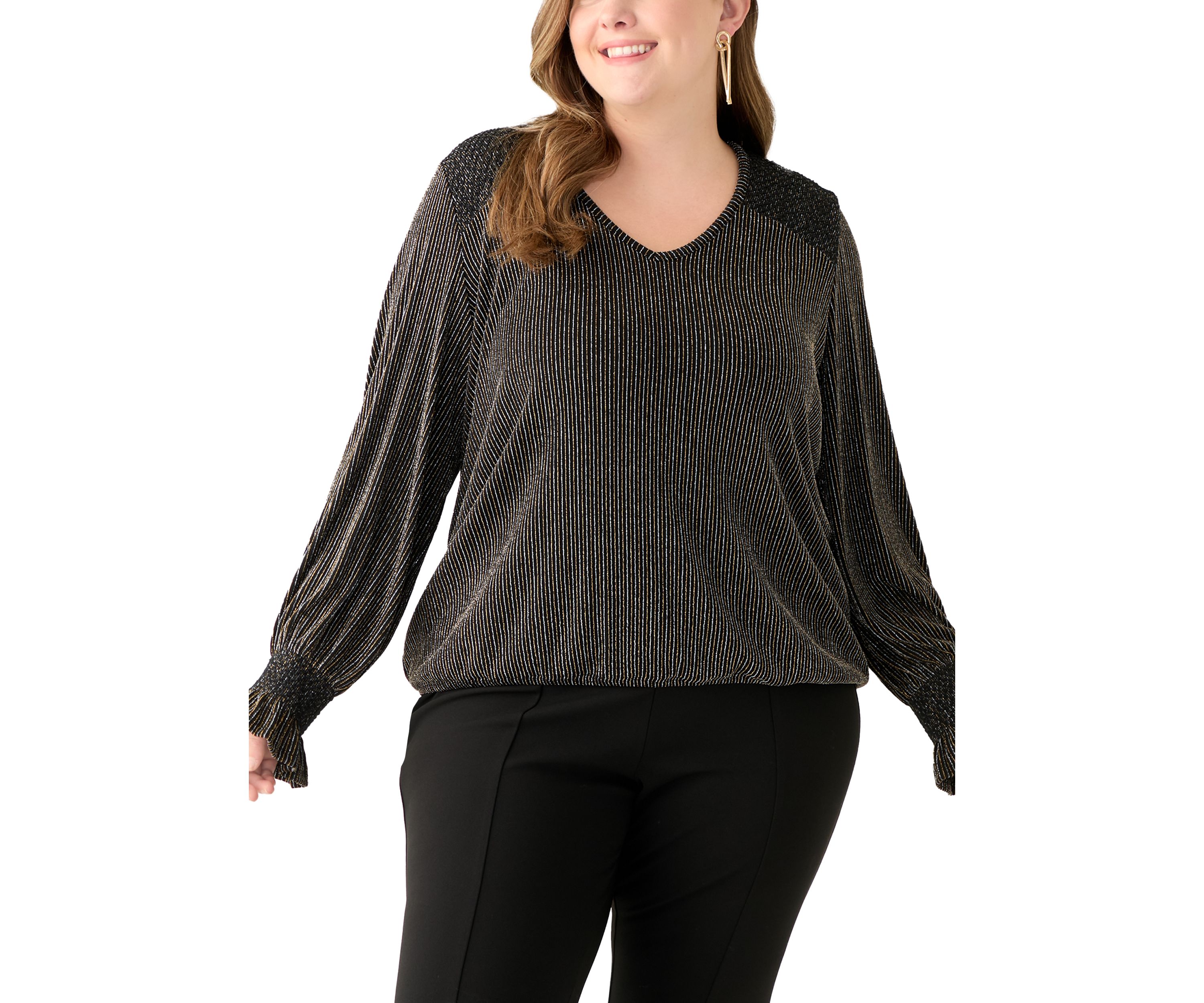 Plus Size Long Sleeve Lurex V-Neck Knit Blouse