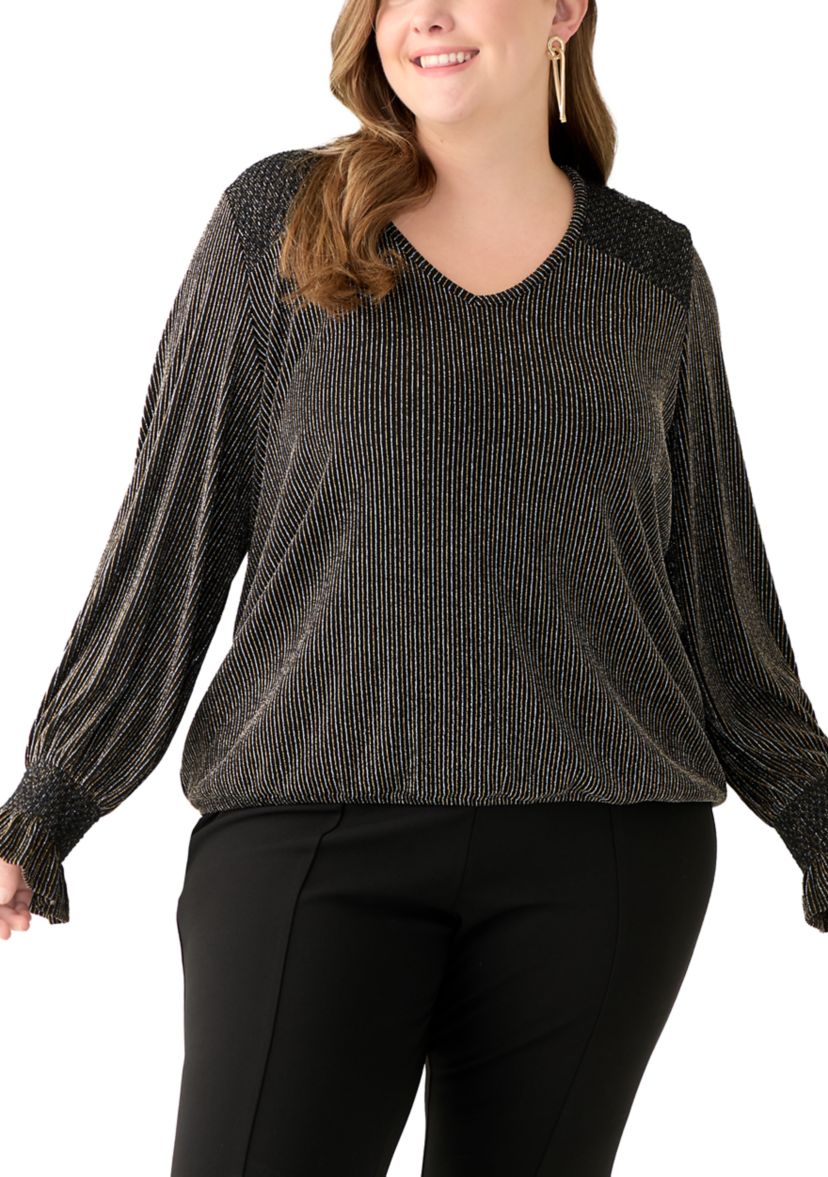 Plus Size Long Sleeve Lurex V-Neck Knit Blouse