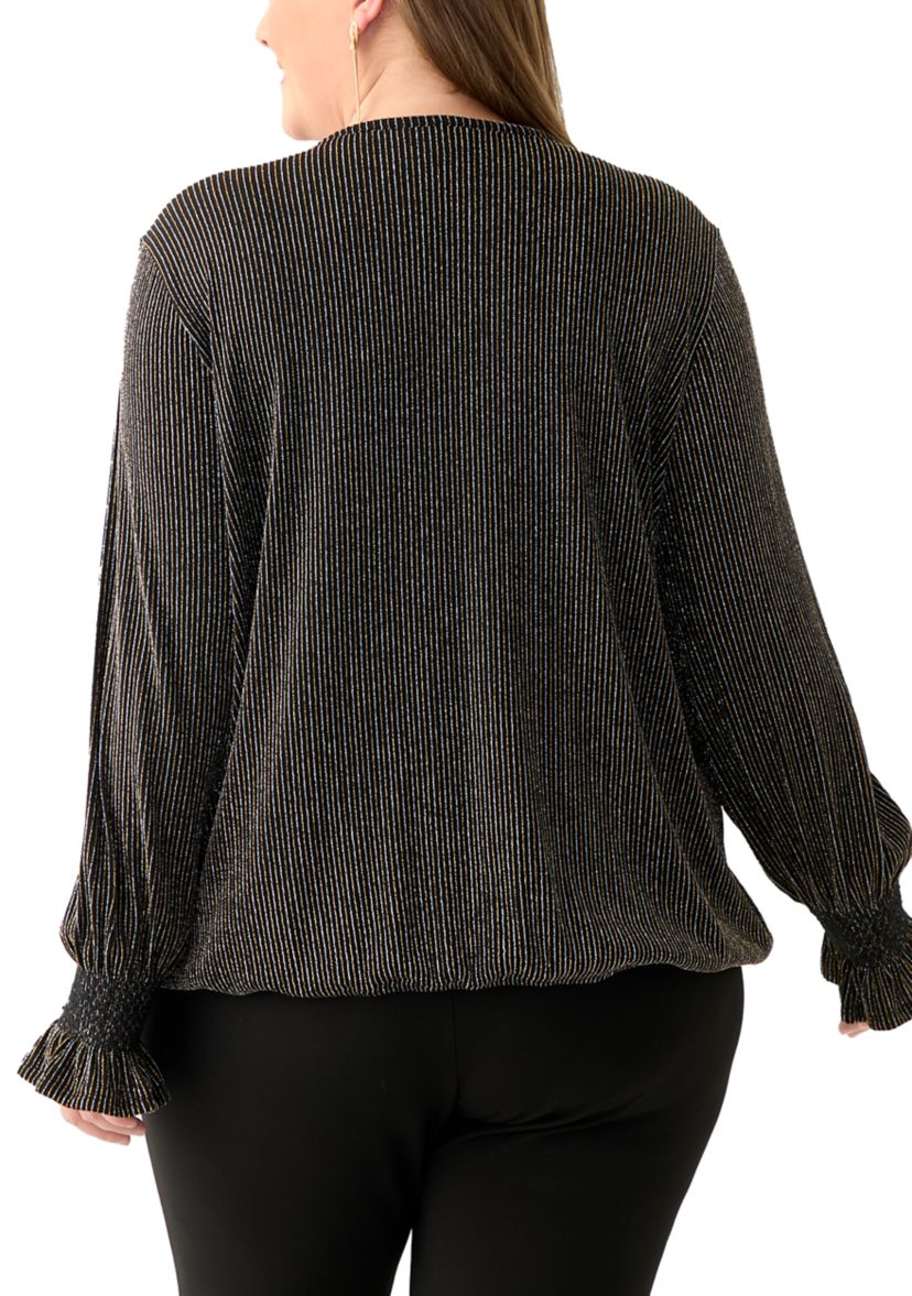 Plus Size Long Sleeve Lurex V-Neck Knit Blouse