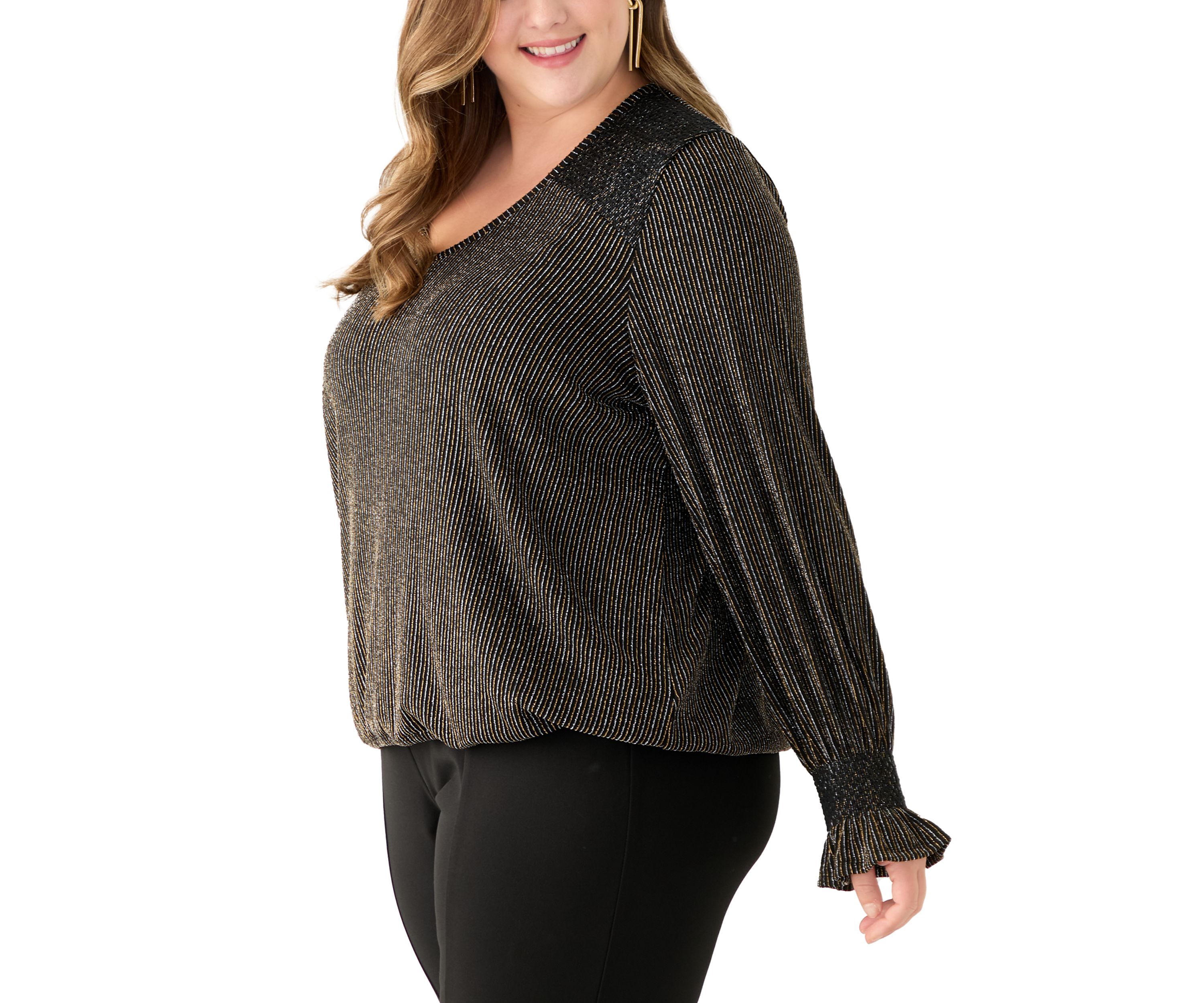 Plus Size Long Sleeve Lurex V-Neck Knit Blouse